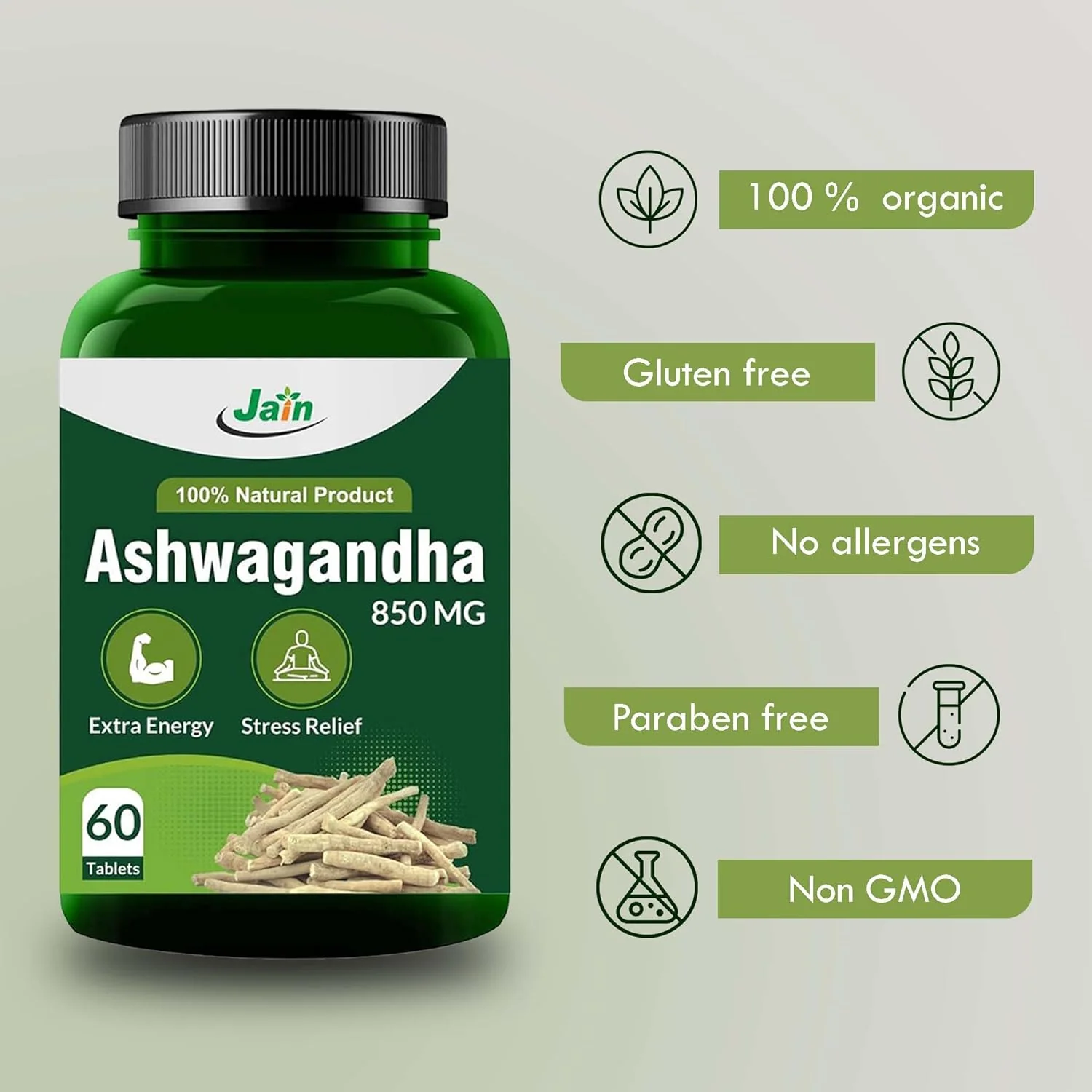 Jain Ashwagandha 850mg Tablets - Extra Energy, Stress Relief, 100% Natural, Improves Sleep, Reduces Sugar Restorative Benefits | 60 Tablets 100gm 0.2lbs - Image 2
