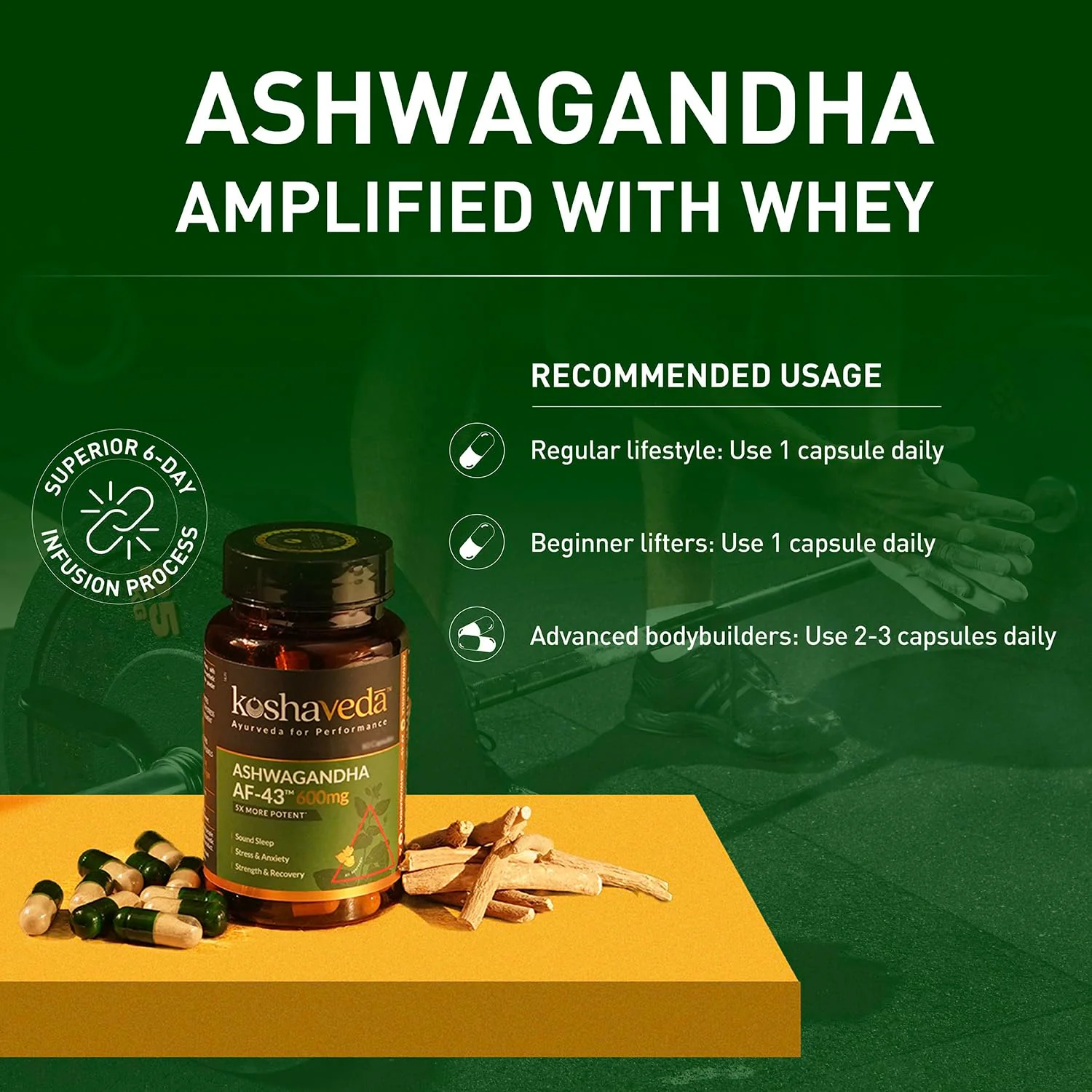 Koshaveda Ashwagandha Af-43™ 600mg Capsules, For Sound Sleep, Strength & Recovery, Promoting Stress Relief, Energy Boost | 30 Capsules 50gm 0.1lbs - Image 5
