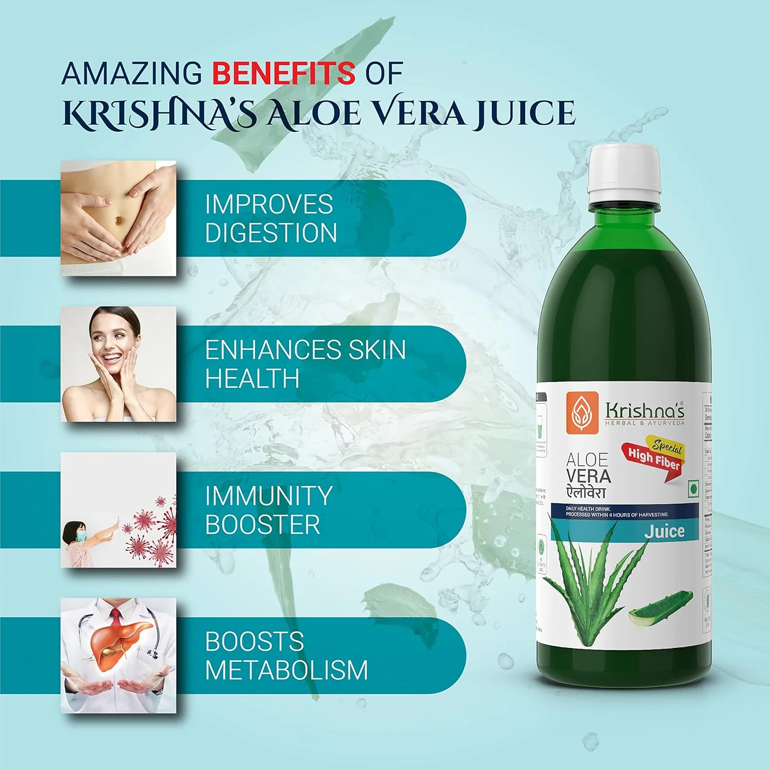 Krishna's Special Aloe Vera High Fiber Juice From Deserts Of Rajasthan, Sugar Free Daily Drink Rejuvenates Skin & Hair | 1000ml 2.2lbs - Image 3