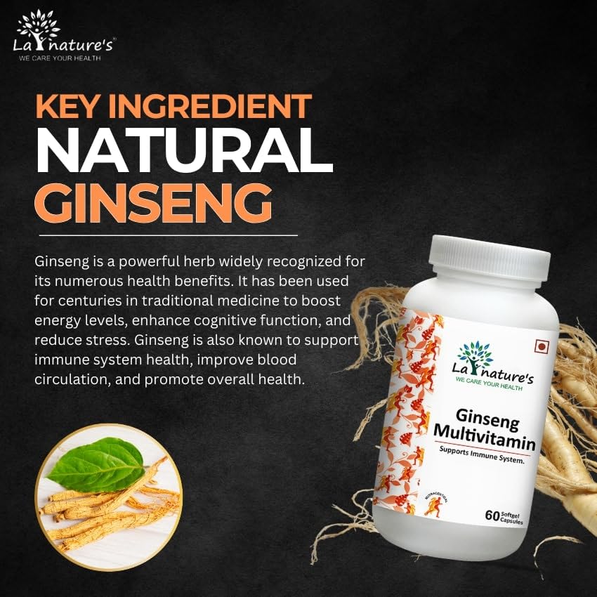 La Nature's We Care Your Health Ginseng Multivitamins & Multimineral Capsules Korean Red Ginseng Root Energy & Immune Support For Men & Women | 60 Soft Gels 100gm 0.2lbs Each Pack Of 2 - Image 4
