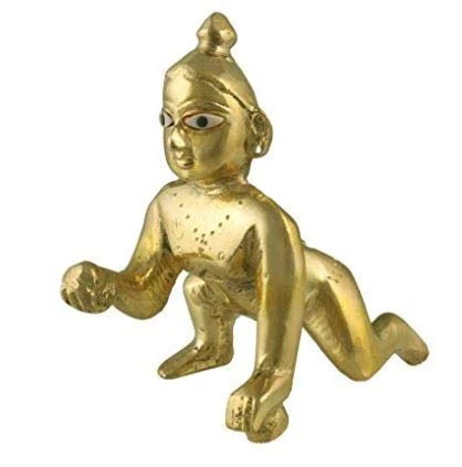 Laddoo Gopal Dress & Murti Combo, Bal Gopal Ji, Golden, Brass, Size - No.1, Kanha Ji - Dress, Pagdi & Bansuri Set, Golden Handmade Idol, Metal Laddu Gopal Statue - 4 Inch, Home Décor - Image 2