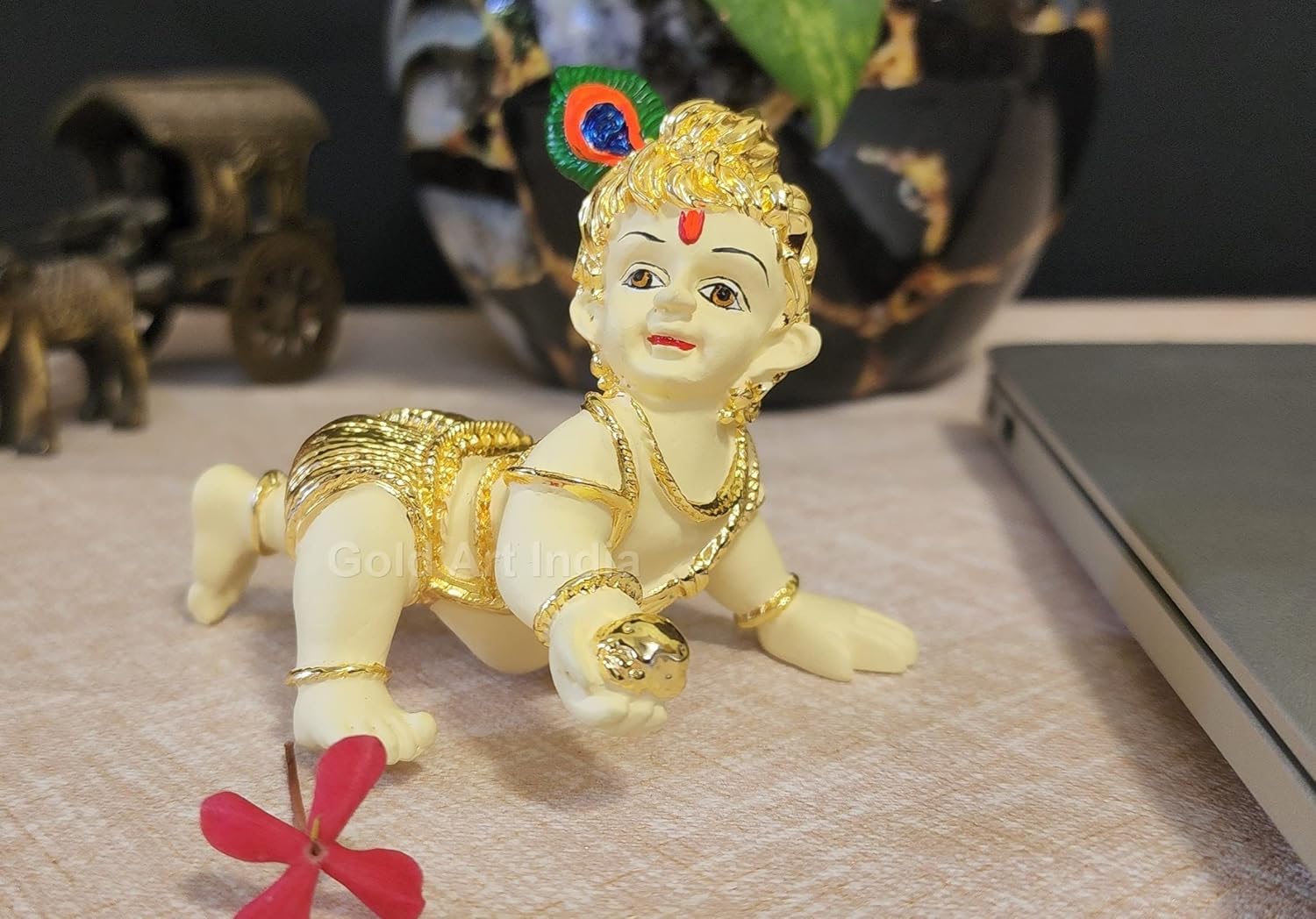 Laddu Gopal Gold Plated Off-White Idol, Bal Gopal, Little Krishna, Synthetic Resin, Makhan Chor Statue, Made In India Using High-Quality Idol, Durable, Special Occasions - Image 2