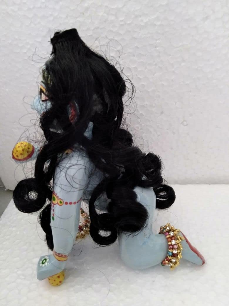 Laddu Gopal, Krishna Idol, Black Crawlie Wig Shringar, Blue, Marble, Idol - Size No.0, Handmade, Occasion-Decorative Statue, Bal Gopal Idol