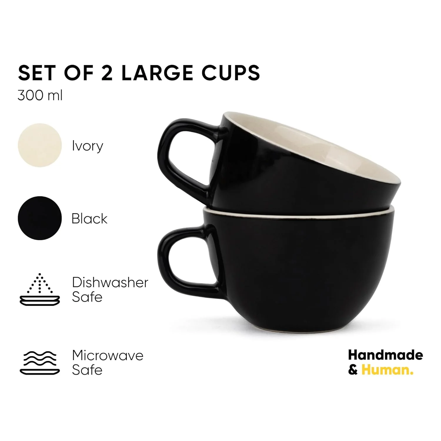 Large Ceramic Coffee Cup Set Of 2 - Black, 300ml Each | Cappuccino Cup With Glossy Finish - Large Ceramic Coffee Cup | Premium Stoneware Coffee Cup - Microwave Safe - Image 3
