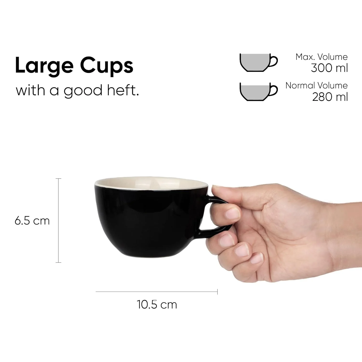 Large Ceramic Coffee Cup Set Of 2 - Black, 300ml Each | Cappuccino Cup With Glossy Finish - Large Ceramic Coffee Cup | Premium Stoneware Coffee Cup - Microwave Safe - Image 4