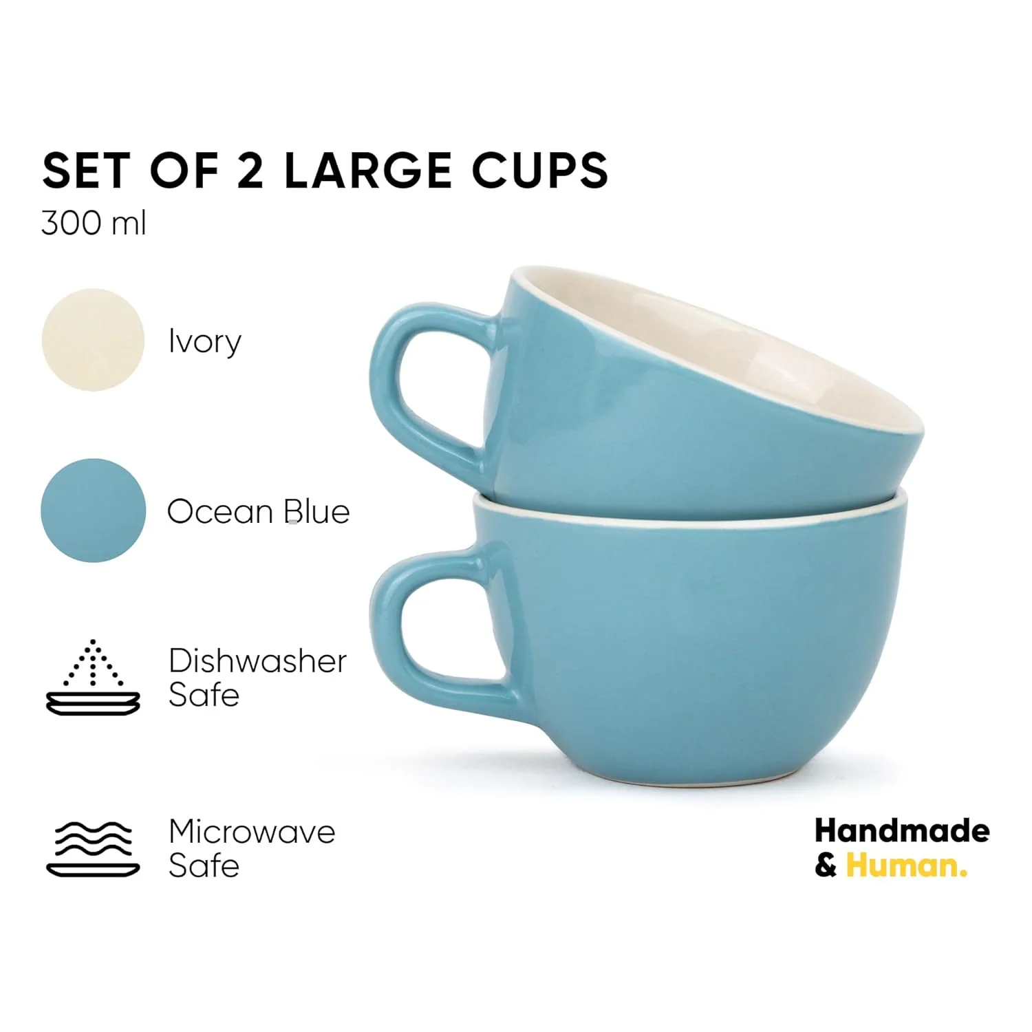 Large Ceramic Coffee Cup Set Of 2 - Blue, 300ml Each | Cappuccino Cup With Glossy Finish - Large Ceramic Coffee Cup | Premium Stoneware Coffee Cup - Microwave Safe - Image 3