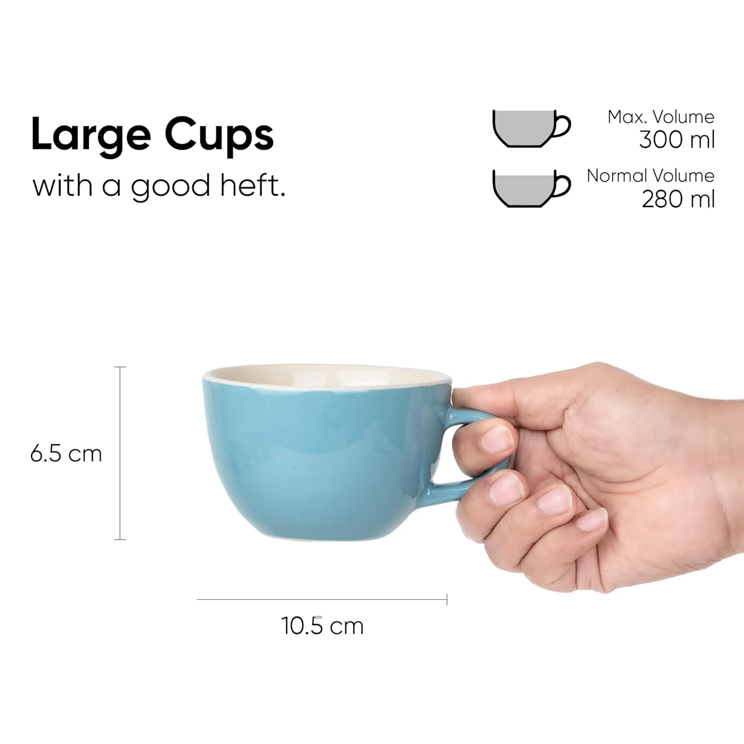 Large Ceramic Coffee Cup Set Of 2 - Blue, 300ml Each | Cappuccino Cup With Glossy Finish - Large Ceramic Coffee Cup | Premium Stoneware Coffee Cup - Microwave Safe - Image 5