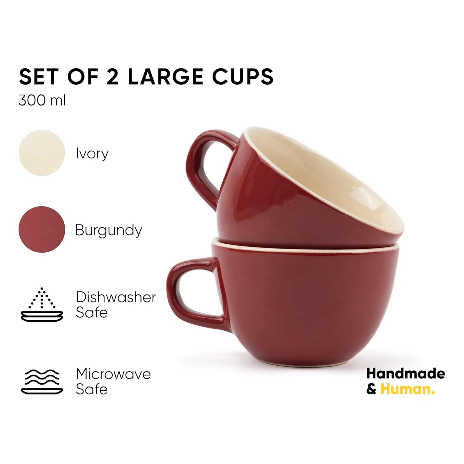 Large Ceramic Coffee Cup Set Of 2 - Burgundy, 300ml Each | Cappuccino Cup With Glossy Finish - Large Ceramic Coffee Cup | Premium Stoneware Coffee Cup - Microwave Safe - Image 3