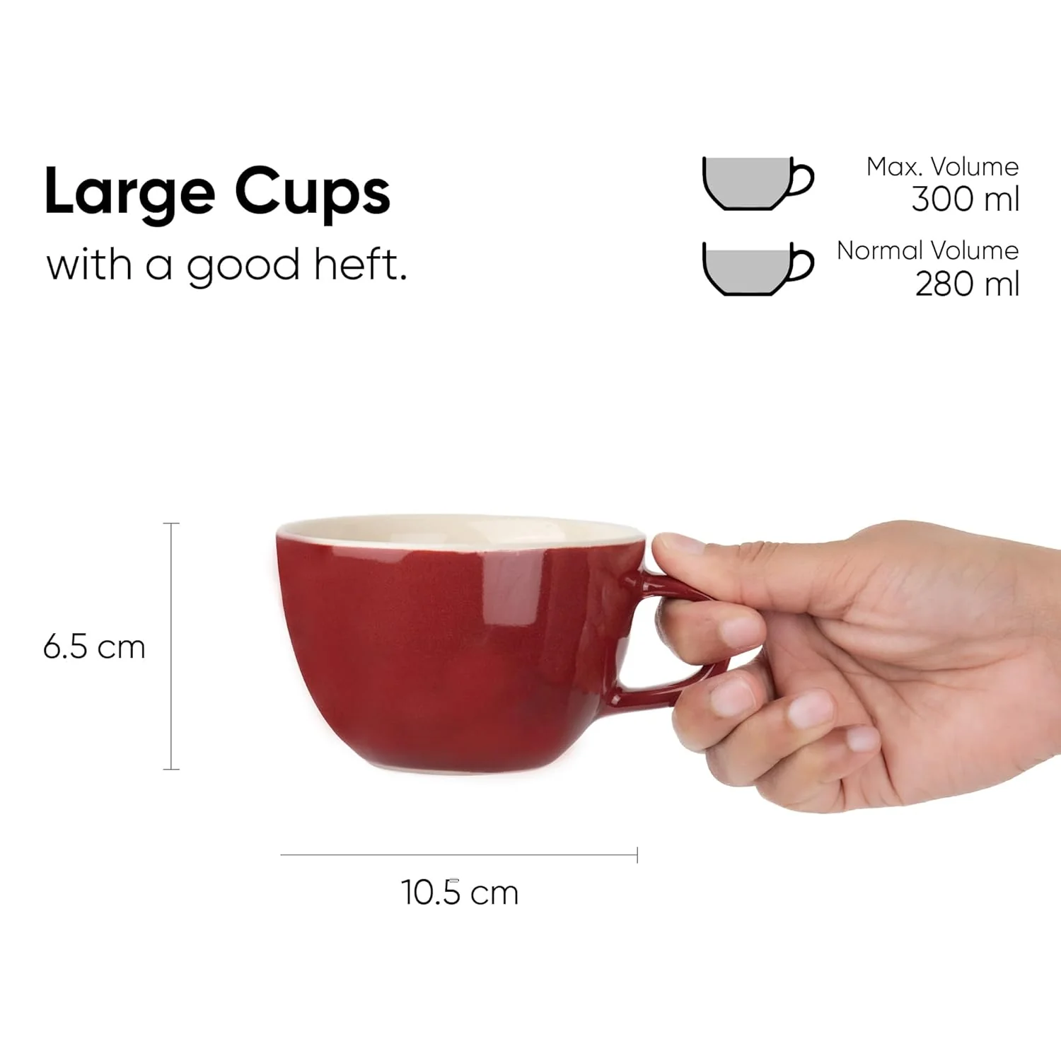 Large Ceramic Coffee Cup Set Of 2 - Burgundy, 300ml Each | Cappuccino Cup With Glossy Finish - Large Ceramic Coffee Cup | Premium Stoneware Coffee Cup - Microwave Safe - Image 4