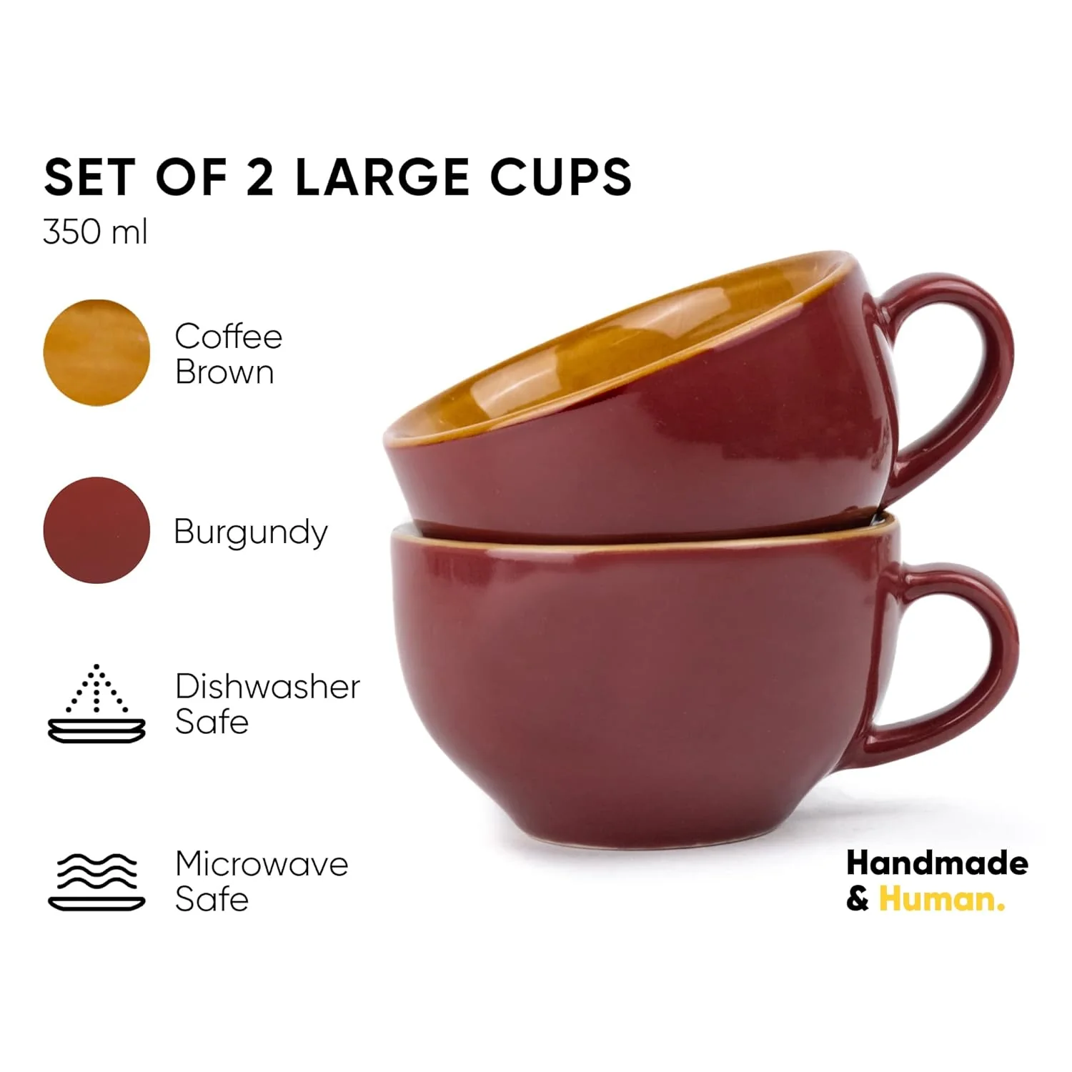Large Ceramic Coffee Cup Set Of 2 - Burgundy, 350ml Each | Cappuccino Cup With Glossy Finish - Large Ceramic Coffee Cup | Premium Stoneware Coffee Cup | Microwave Safe - XL Cuppa - Image 3