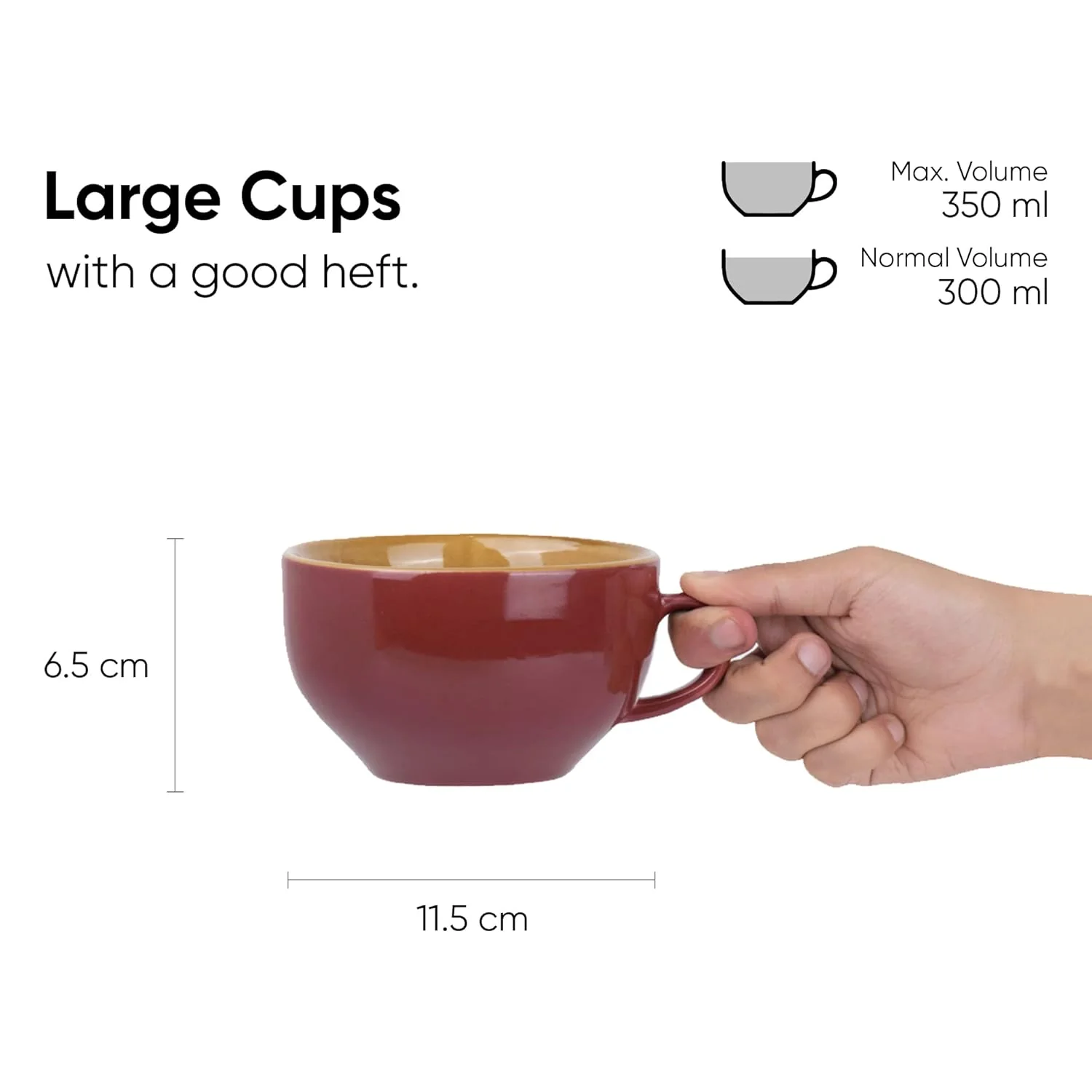 Large Ceramic Coffee Cup Set Of 2 - Burgundy, 350ml Each | Cappuccino Cup With Glossy Finish - Large Ceramic Coffee Cup | Premium Stoneware Coffee Cup | Microwave Safe - XL Cuppa - Image 4
