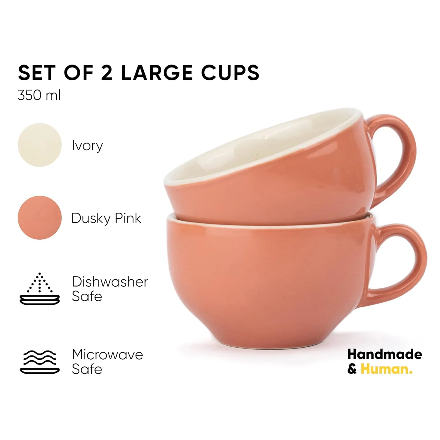 Large Ceramic Coffee Cup Set Of 2 - Pink, 350ml Each | Cappuccino Cup With Glossy Finish - Large Ceramic Coffee Cup | Premium Stoneware Coffee Cup - Microwave Safe, XL Cuppa - Image 3