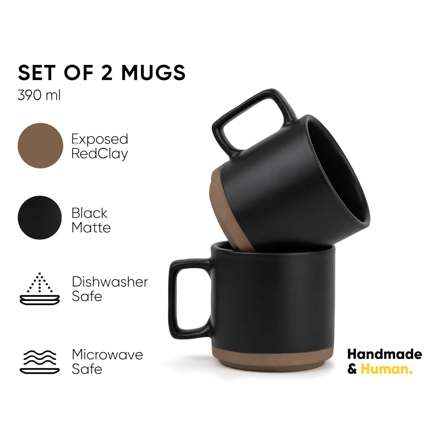 Large Ceramic Coffee Mug Set Of 2 - Black, 350ml Each | Ceramic Japandi Mug, Tea Mug With Matte Finish - Mug For Coffee | Ceramic Coffee Mug - Microwave Safe & Dishwasher Safe - Image 3