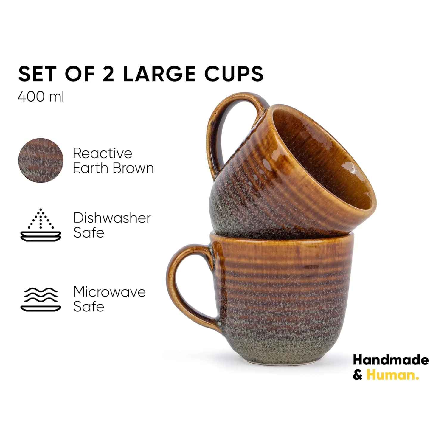 Large Ceramic Coffee Mug Set Of 2 - Brown, 400ml Each | Ceramic Ribbed Mug With Glossy Finish - Mug For Coffee | Ceramic Coffee Mug - Coffee Cup | Microwave Safe & Dishwasher Safe - Image 4