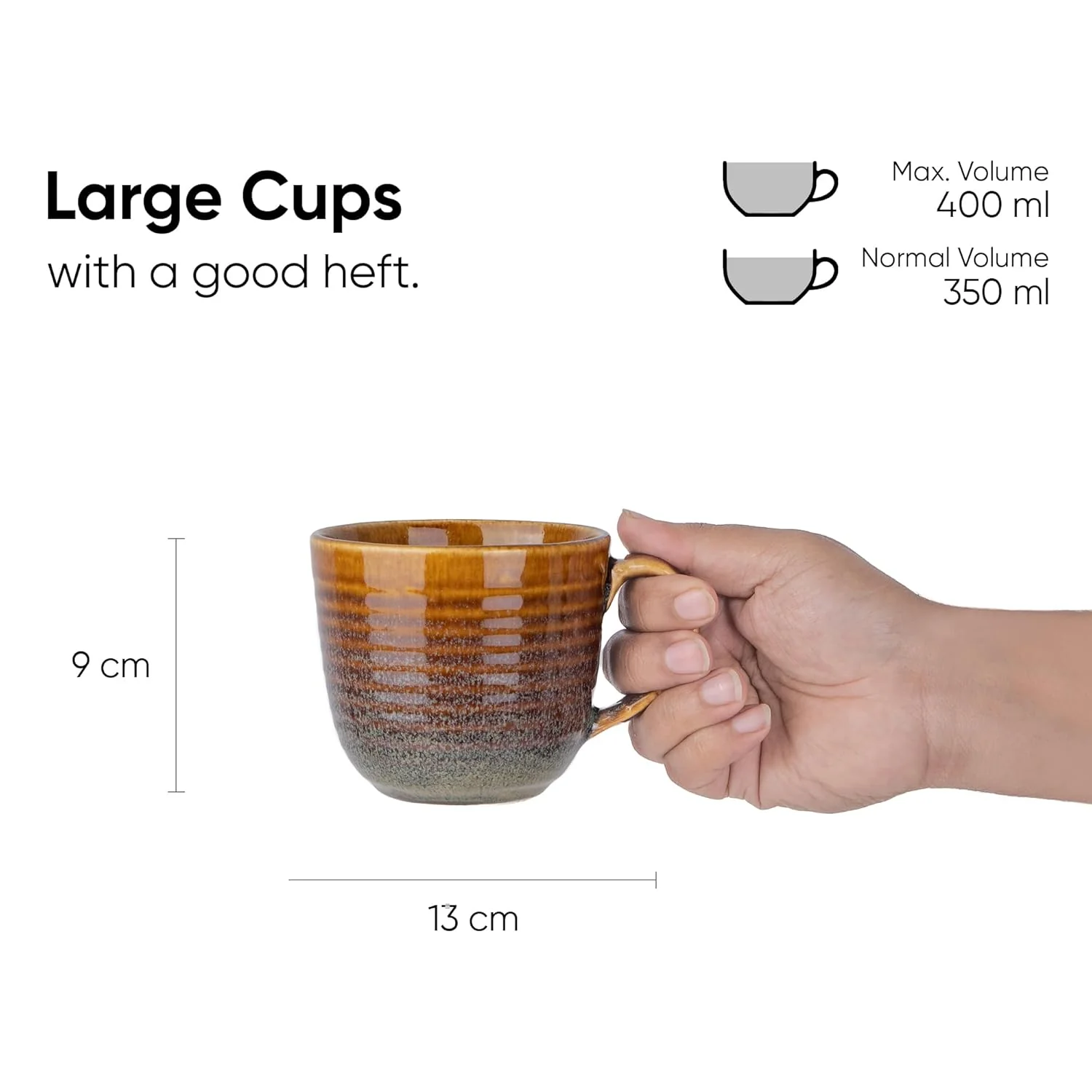 Large Ceramic Coffee Mug Set Of 2 - Brown, 400ml Each | Ceramic Ribbed Mug With Glossy Finish - Mug For Coffee | Ceramic Coffee Mug - Coffee Cup | Microwave Safe & Dishwasher Safe - Image 5