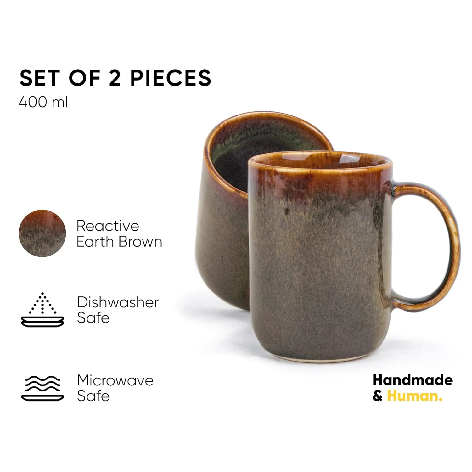Large Ceramic Coffee Mug Set Of 2 - Brown Reactive, 400ml Each | Ceramic Tall Curvy Mug With Glossy Finish - Stoneware Mug For Coffee | Ceramic Coffee Mug - Microwave Safe & Dishwasher Safe - Image 2