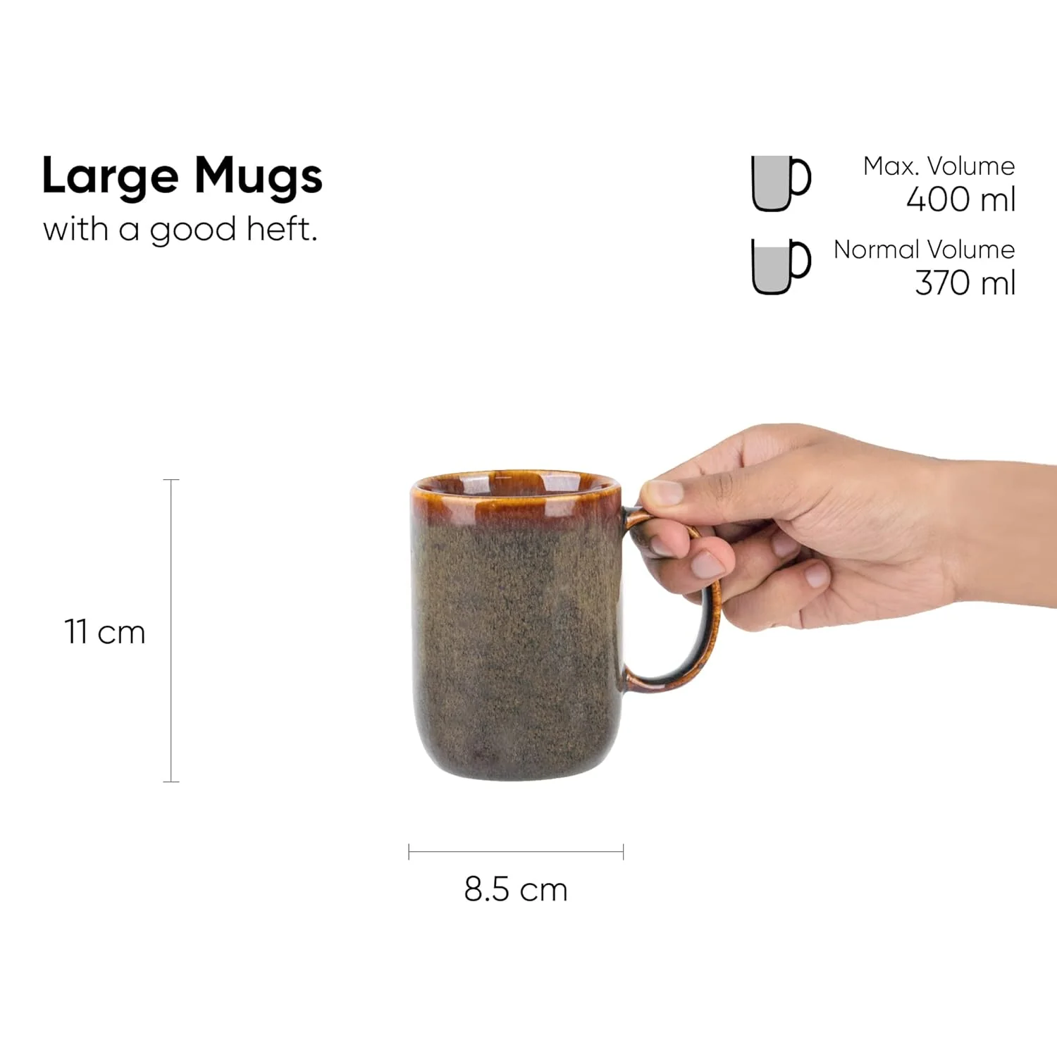 Large Ceramic Coffee Mug Set Of 2 - Brown Reactive, 400ml Each | Ceramic Tall Curvy Mug With Glossy Finish - Stoneware Mug For Coffee | Ceramic Coffee Mug - Microwave Safe & Dishwasher Safe - Image 3