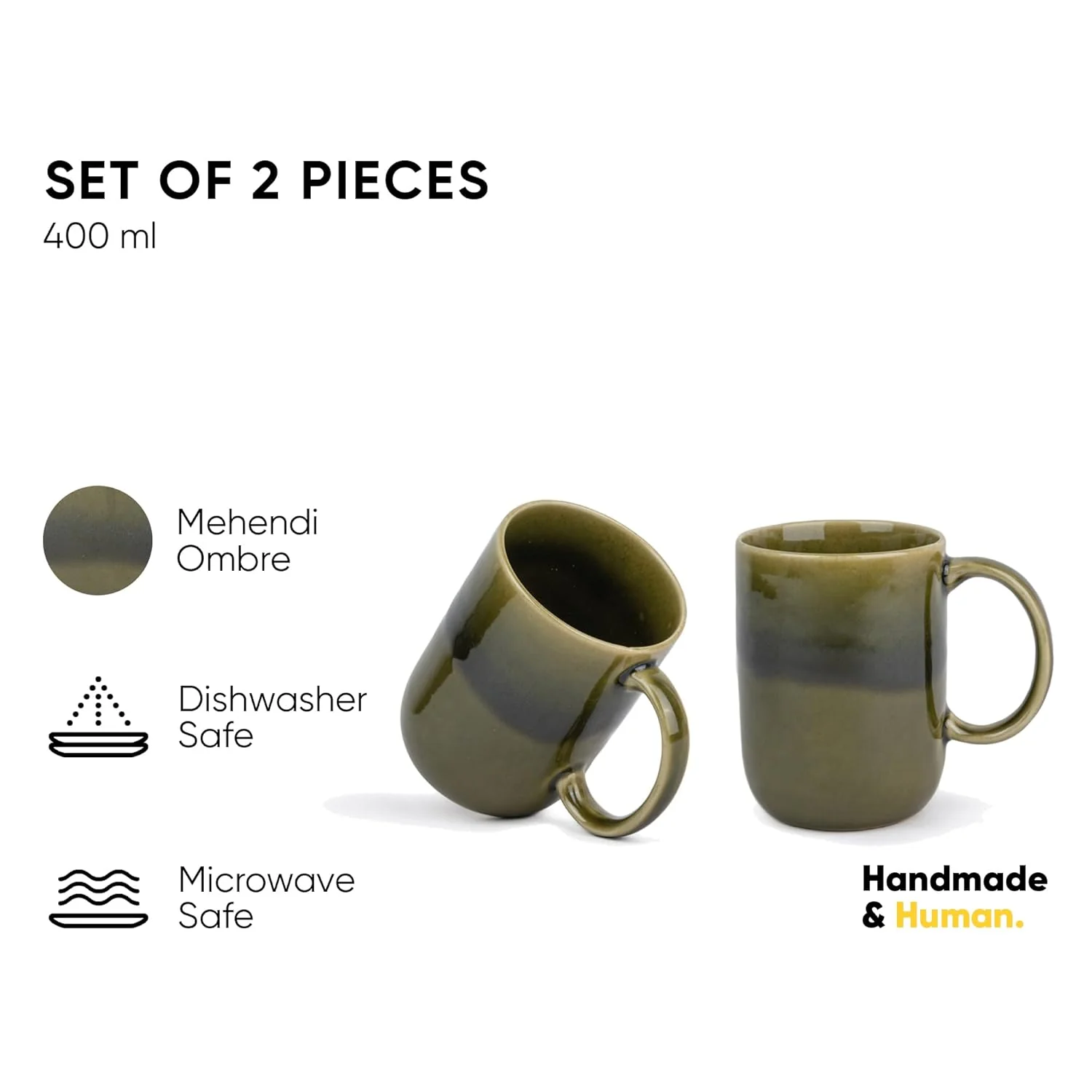 Large Ceramic Coffee Mug Set Of 2 - Mehndi Ombre, 400ml Each | Ceramic Tall Curvy Mug With Glossy Finish - Stoneware Mug For Coffee | Ceramic Coffee Mug - Microwave Safe & Dishwasher Safe - Image 4