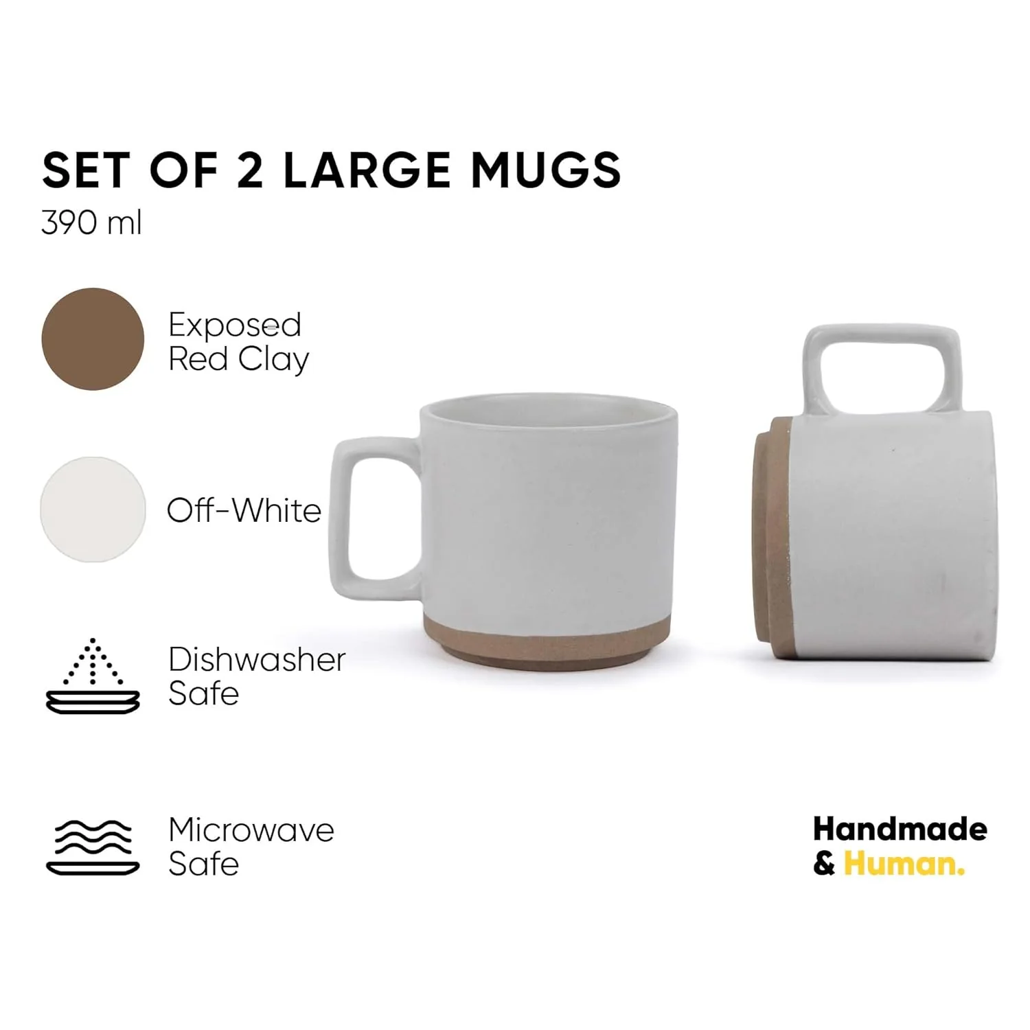 Large Ceramic Coffee Mug Set Of 2 - Off White, 350ml Each | Ceramic Japandi Mug, Tea Mug With Matte Finish - Mug For Coffee | Ceramic Coffee Mug - Microwave Safe & Dishwasher Safe - Image 3