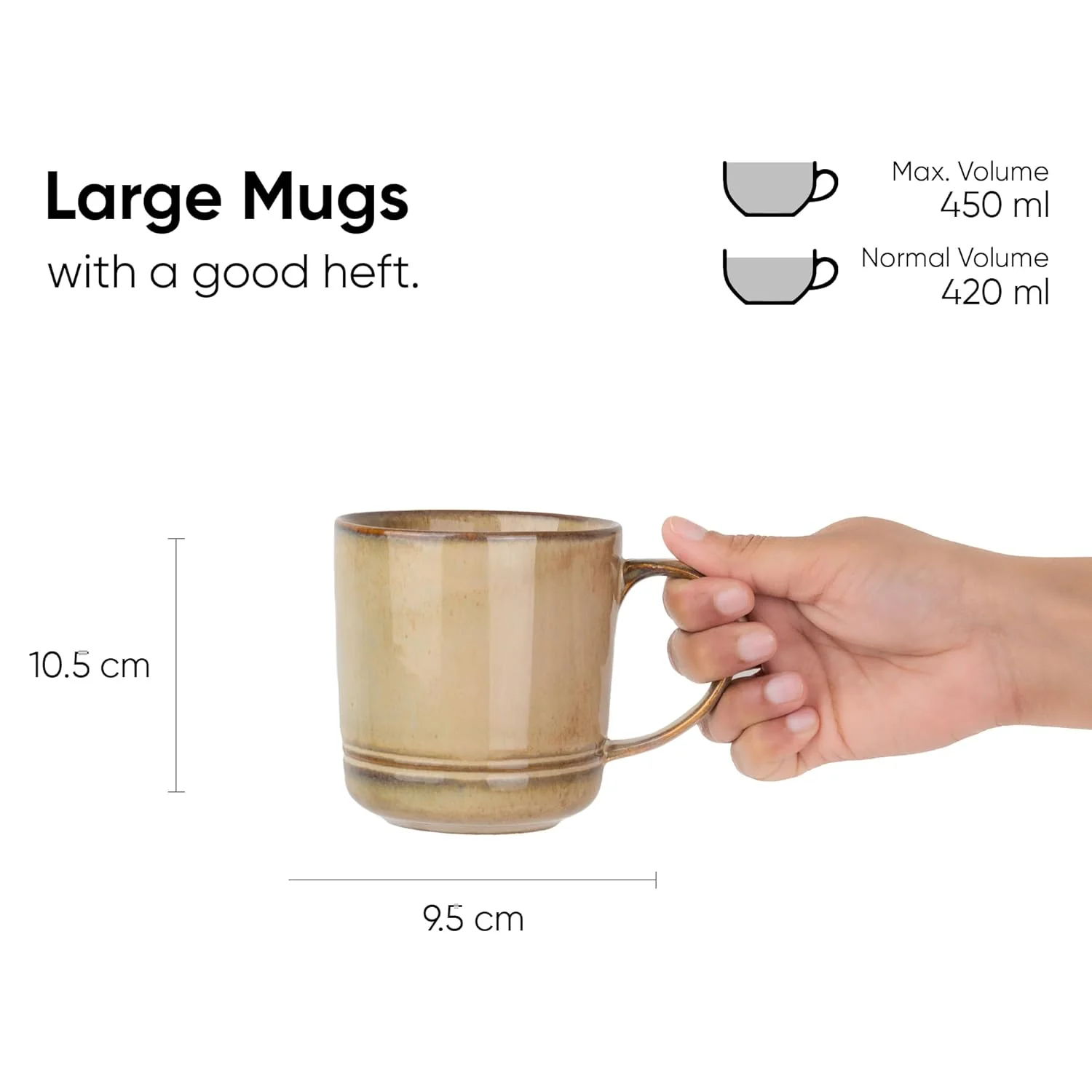 Large Ceramic Coffee Mug Set Of 2 - Reactive Beige, 400ml Each | Ceramic Mug With Glossy Finish - Mug For Coffee | Ceramic Coffee Mug - Porcelain Coffee Cup | Microwave Safe - Image 4