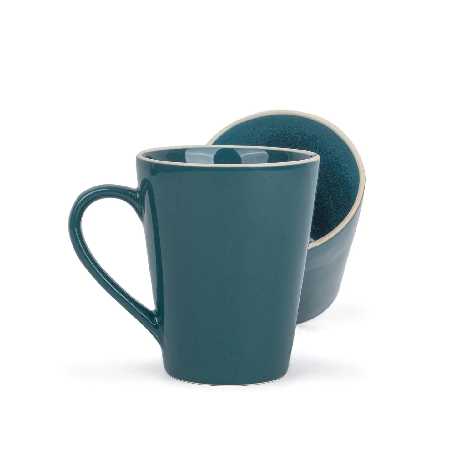 Large Ceramic Coffee Mug Set Of 2 - Teal Rim, 350ml Each | Teal Beauty Ceramic Mug - Tea Mug With Glossy Finish | Mug For Coffee - Ceramic Coffee Mug | Stoneware Coffee Cup - Microwave Safe