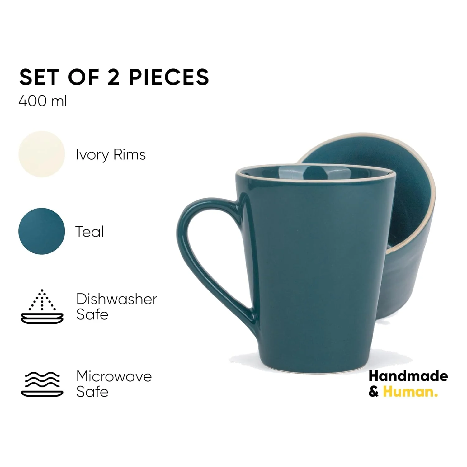 Large Ceramic Coffee Mug Set Of 2 - Teal Rim, 350ml Each | Teal Beauty Ceramic Mug - Tea Mug With Glossy Finish | Mug For Coffee - Ceramic Coffee Mug | Stoneware Coffee Cup - Microwave Safe - Image 3