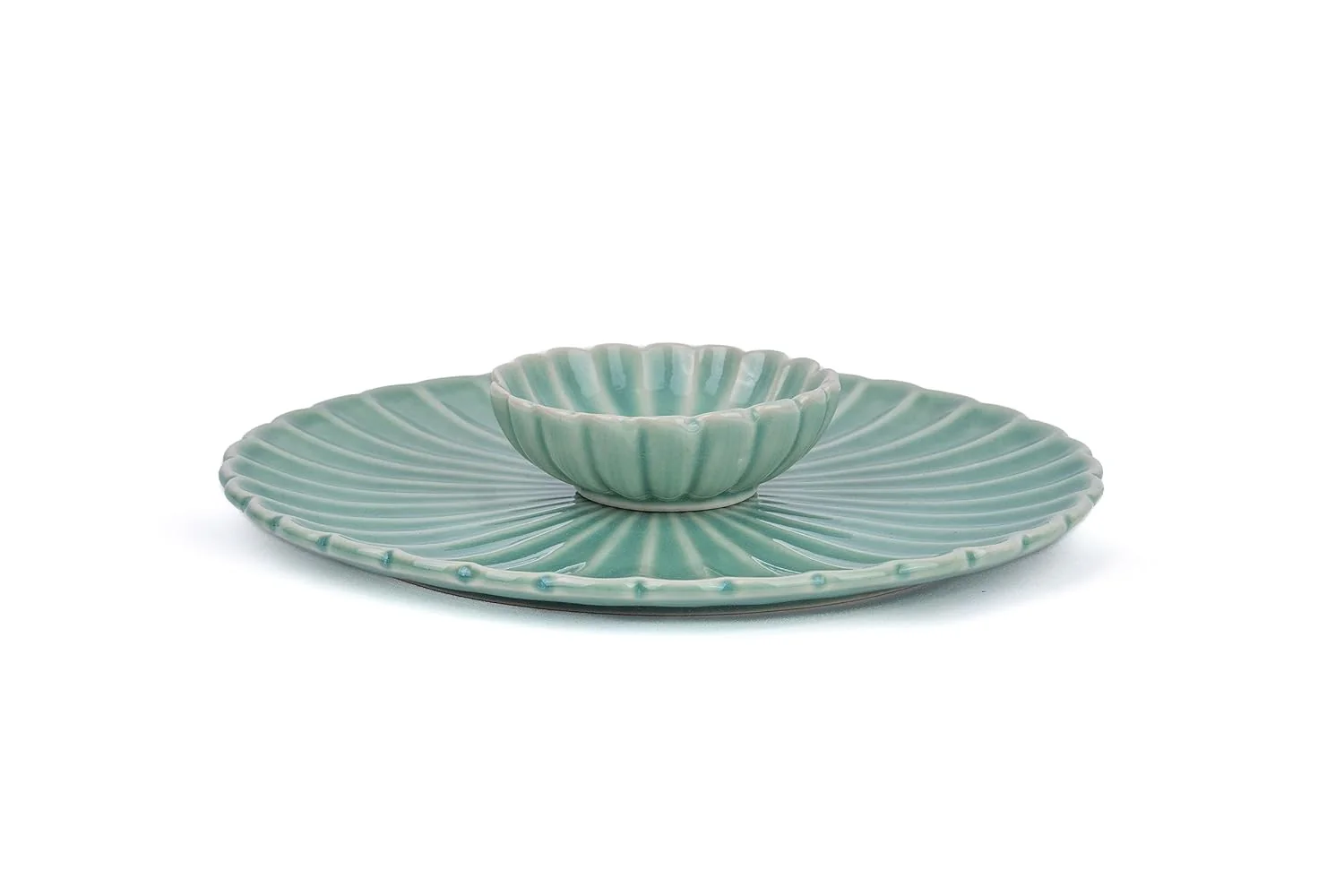 Large Flower Ceramic Serving Platter With Dip, 75ml - Light Mint | Serving Plate With Glossy Finish - Platters Serving Set | Snacks Serving Plates - Ceramic Flower Platter + Dip - Image 4