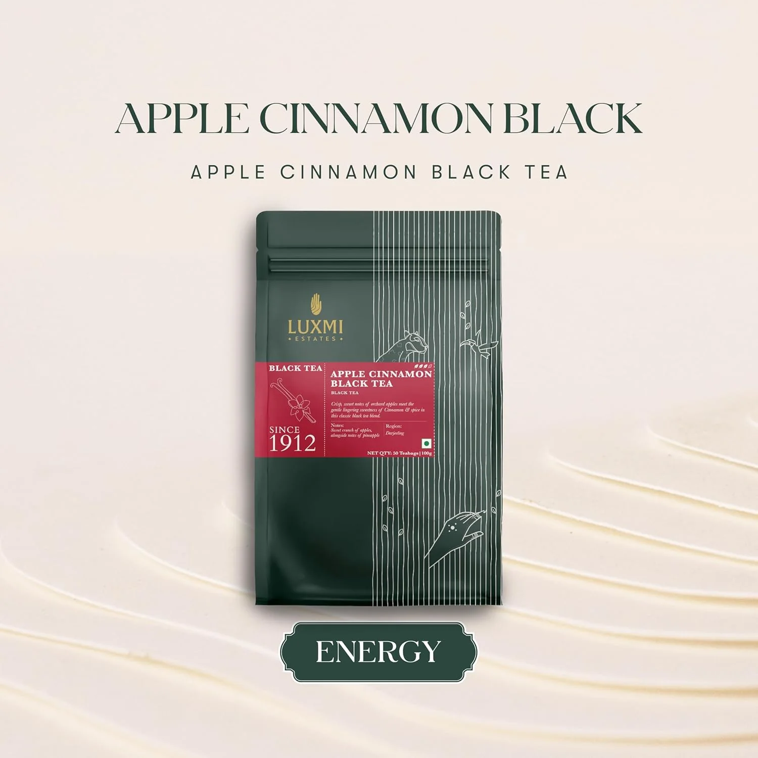 Luxmi Estates Apple Cinnamon Black Tea Bags 100gm, 3.5 Ounce - 50 Cups Bulk Pack | USDA Certified Premium Black Tea - Anti-Oxidants, Immunity Booster, High Caffeine - Image 2