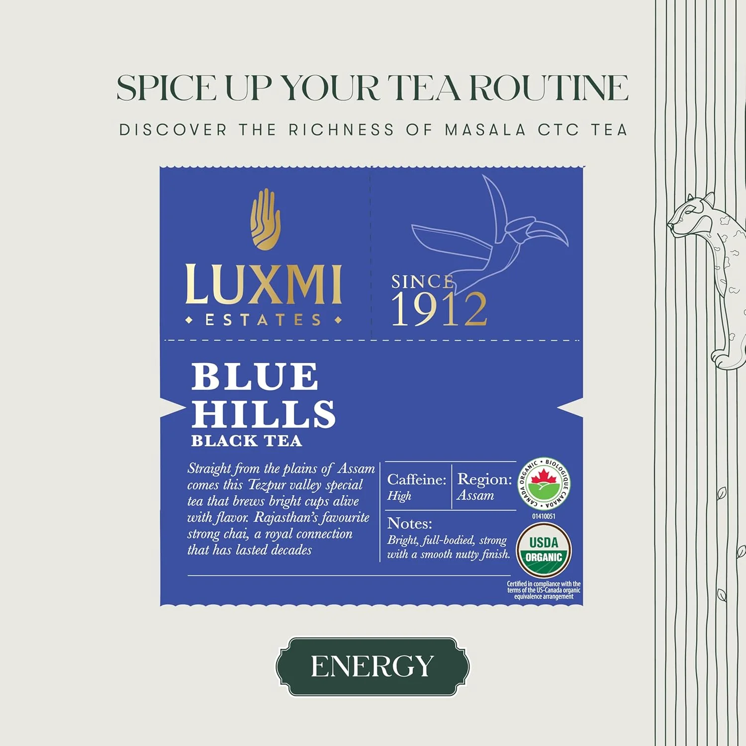Luxmi Estates Blue Hills Black Tea - 100gm, 3.5 Ounce, 50 Cups | Premium CTC Blended Tea With Leaf - Strong Assam Flavor | Additives Free, High Caffeine Black Tea - Image 3