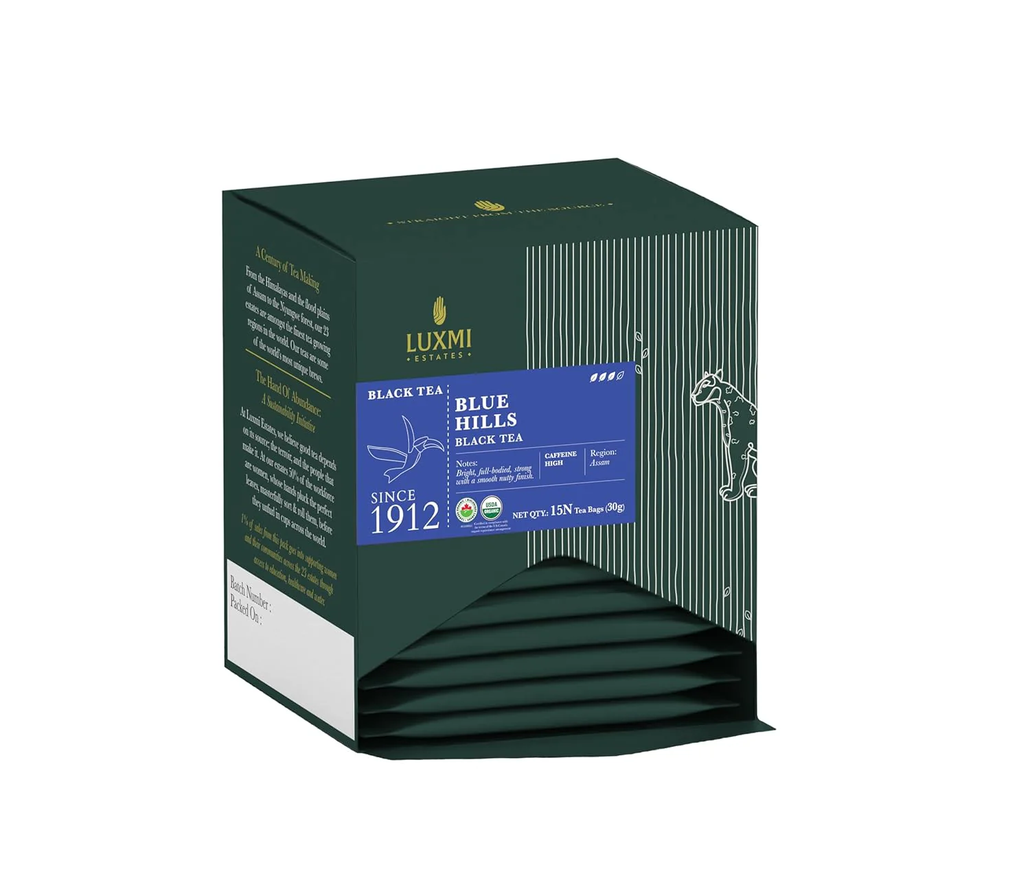 Luxmi Estates Blue Hills Black Tea - 30gm, 1.05 Ounce, 15 Tea Bags | USDA Certified Organic Herbal Tea - Strong Assam Flavor | Additives Free, High Caffeine Black Tea
