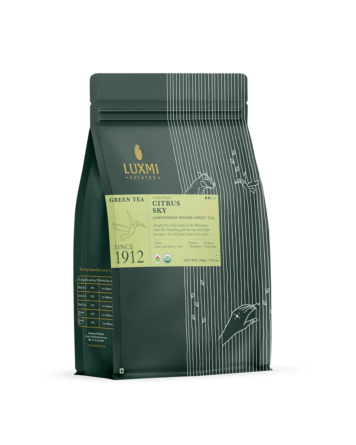 Luxmi Estates Citrus Sky Lemongrass Ginger Green Tea - 200gm, 7.05 Ounce | USDA Certified Organic Darjeeling Green Tea - Natural Lemon Balm Tea - Calming, Supports Digestion - Image 2
