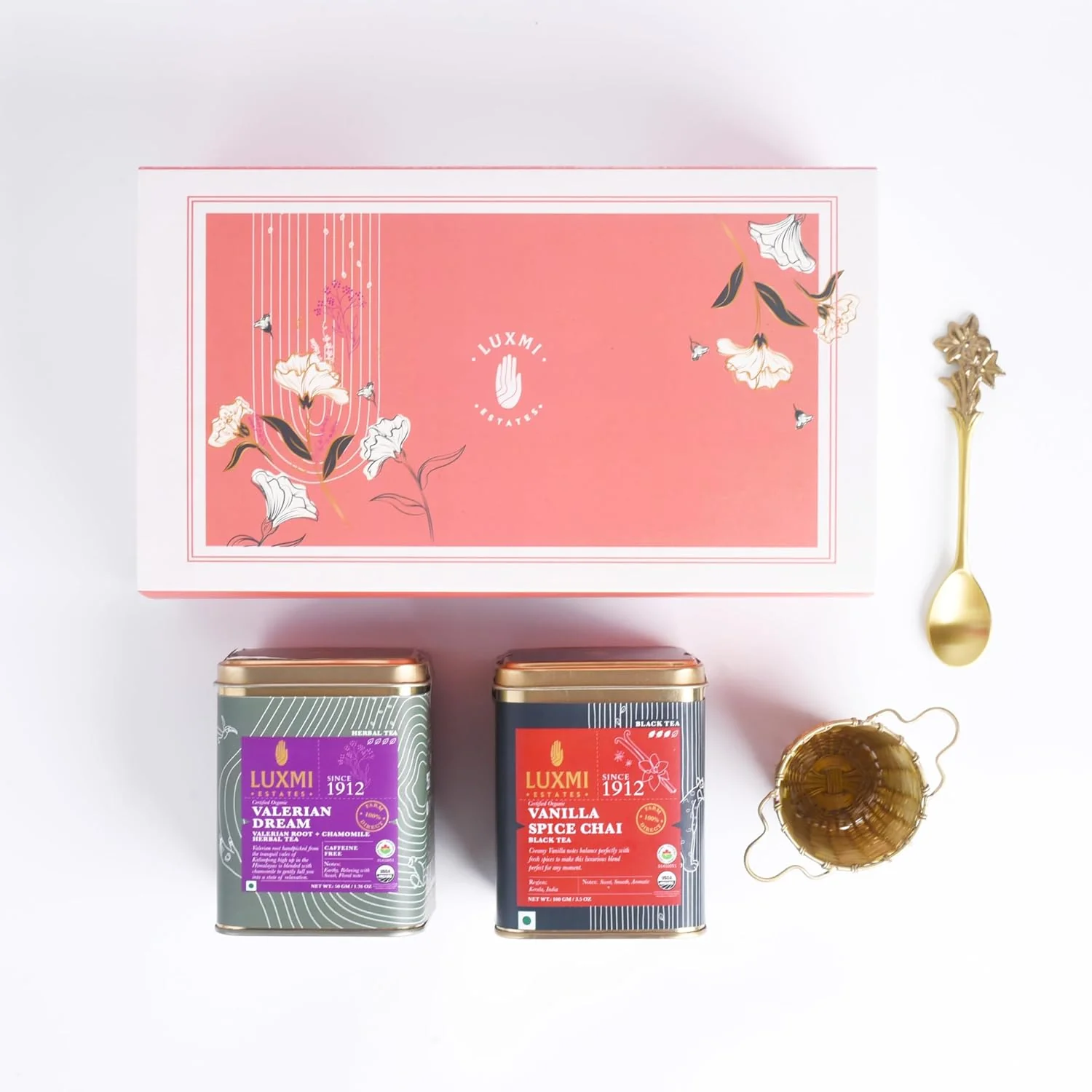 Luxmi Estates Loose Leaves Sleep Tea Gift Box - 1 Valerian Dream+ 1 Vanilla Spice Chai+ 1 Bucket Infuser & 1 Spoon | Caffeine Free Black Tea & Herbal Tea - Image 2