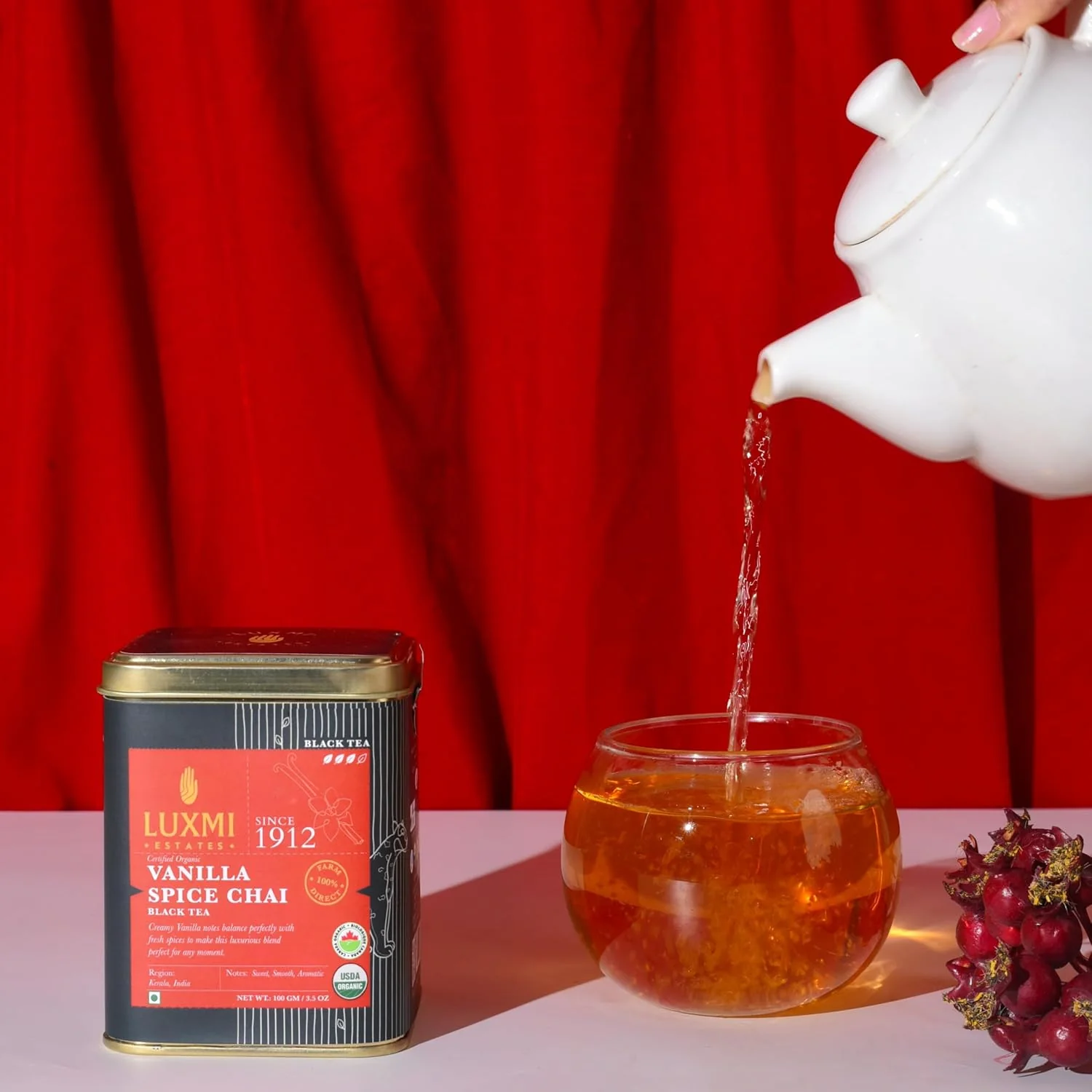 Luxmi Estates Vanilla Spice Chai Black Tea - 100gm Tin, 3.5 Ounce, 50 Cups | USDA Certified Organic Black Tea - Gluten Free, High Caffeine Tea Bags | Darjeeling & Assam Tea From India - Image 4