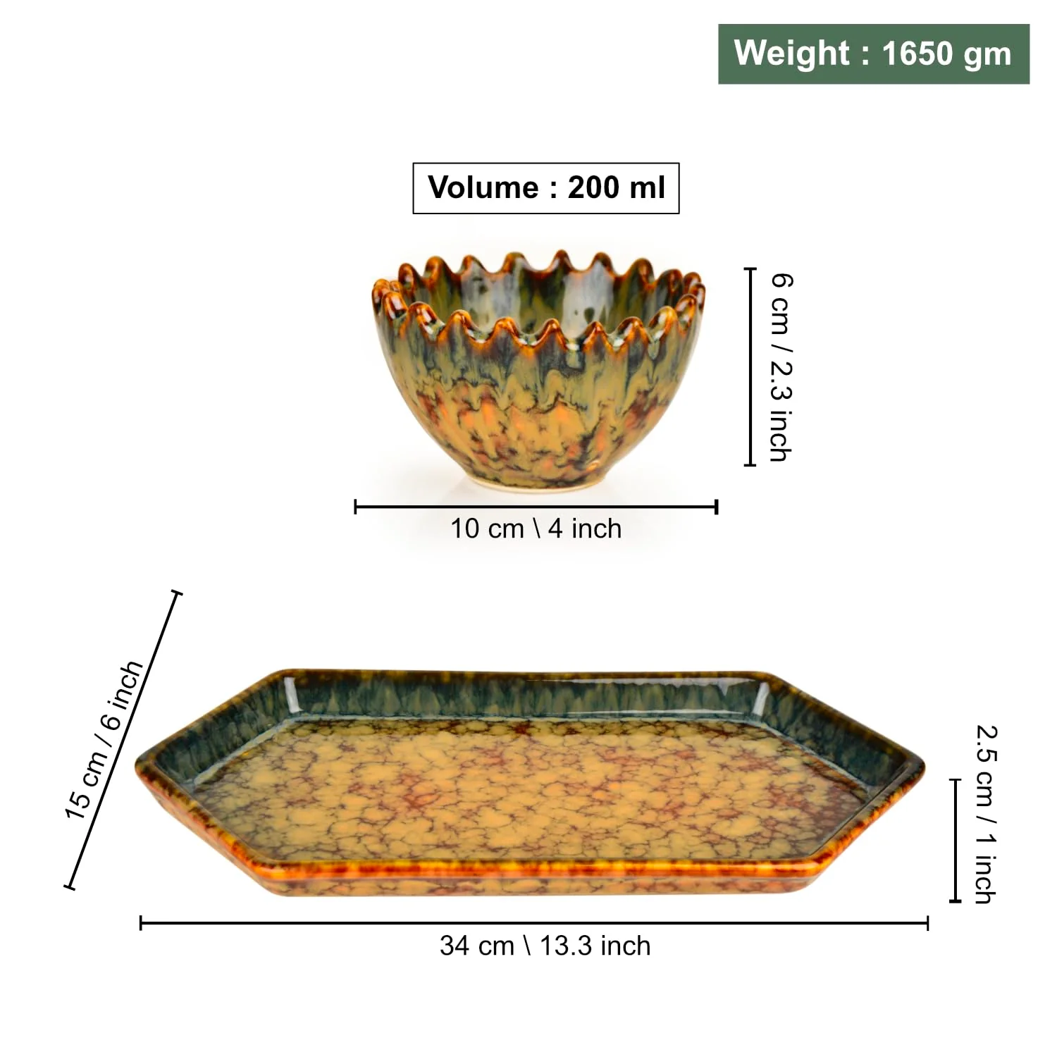 Luxurious Sea Weed Float Glaze Decorative Hexagonal Tray With 3 Nut Serving Cut Bowls | Tray - 13.5 Inches, Bowl - 4 Inches, 200ml Each, Weight - 1650 Gm | Serving Tray With Snack Bowls - Image 4