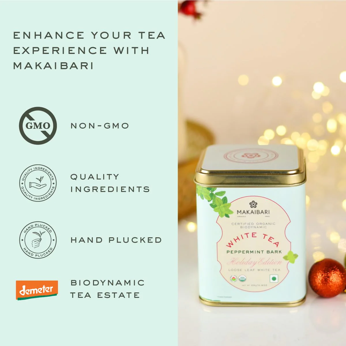 Makaibari Holiday Edition - Peppermint Bark Loose Leaf White Tea - 25gm Tin Caddy, 0.9 Ounce | USDA Certified Premium Tea - Low Caffeine White Tea | Anti-Oxidants, Immunity Booster - Image 4