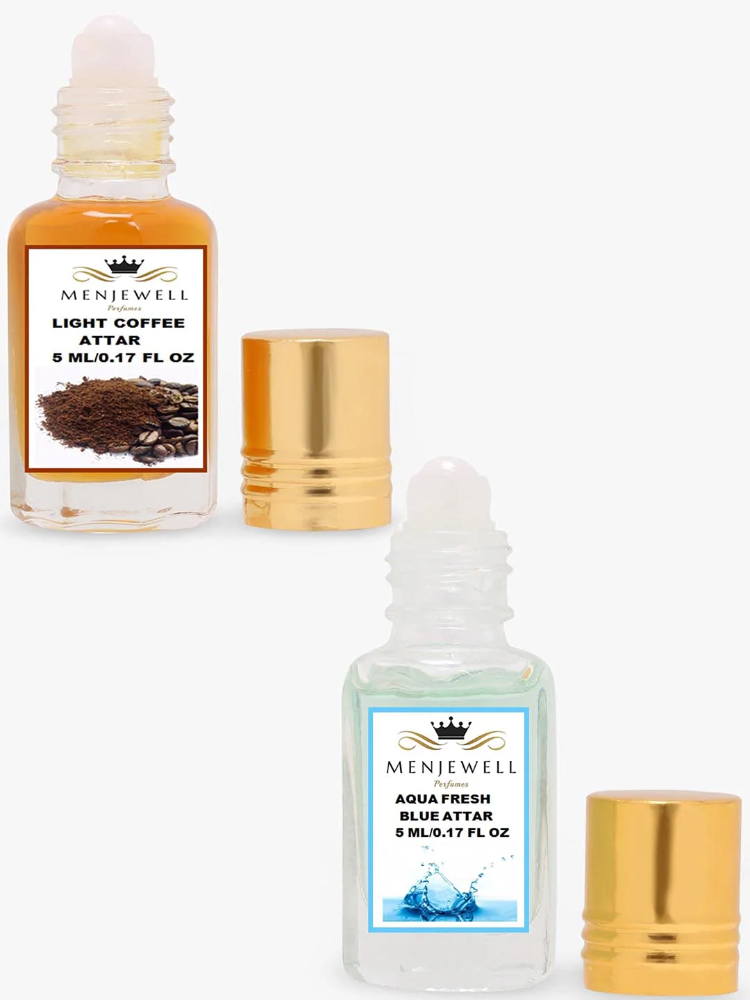 Menjewell Aqua Fresh Blue + Light Coffee Attar Perfume 5ml 0.17 Fl.oz. Each Pack Of 2 | Unisex Fragrance | Long Lasting - Image 2