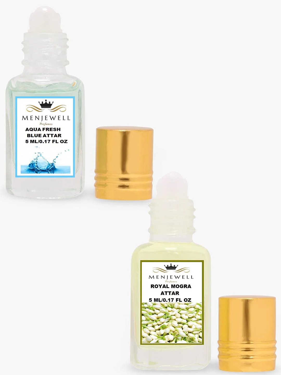 Menjewell Aqua Fresh Blue + Royal Mogra Attar Perfume 5ml 0.17 Fl.oz. Each Pack Of 2 | Unisex Fragrance | Long Lasting - Image 2