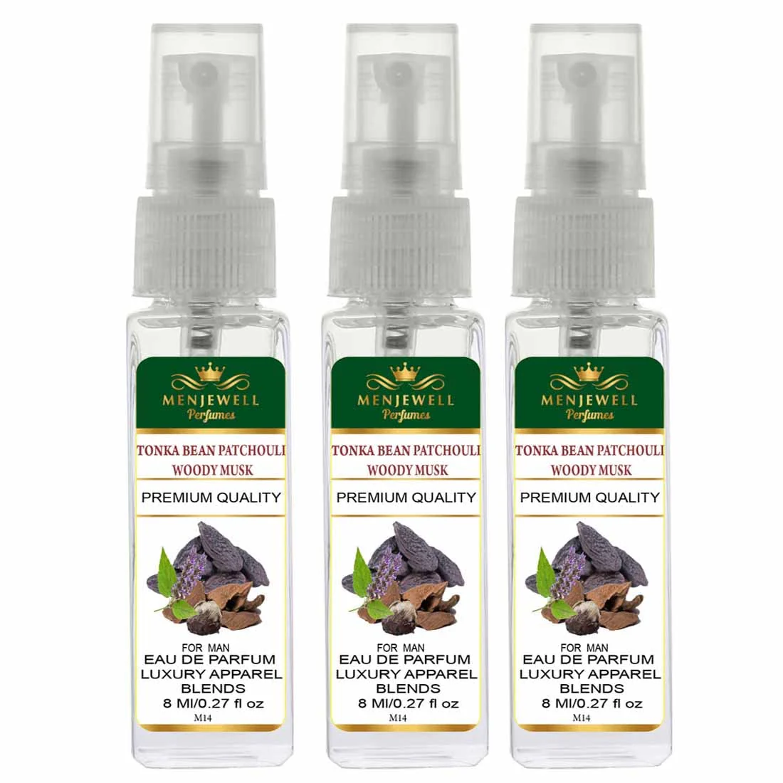 Menjewell Tonka Bean Patchouli Woody Musk Eau De Parfum For Man 8ml 0.27 Fl.oz. Each Pack Of 3 | Luxury Apparel Parfum | Long Lasting