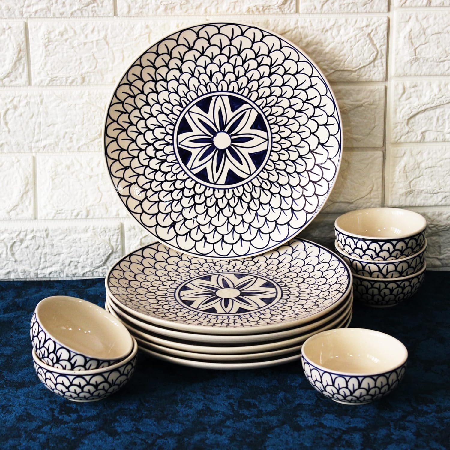 Mermaid Tales Hand Painted Ceramic Dinner Set - 12 Piece, White & Indigo | 6 Dinner Plates + 6 Katori Serving Bowls, 180ml Each | Serving For 6, Microwave Safe & Dishwasher Safe