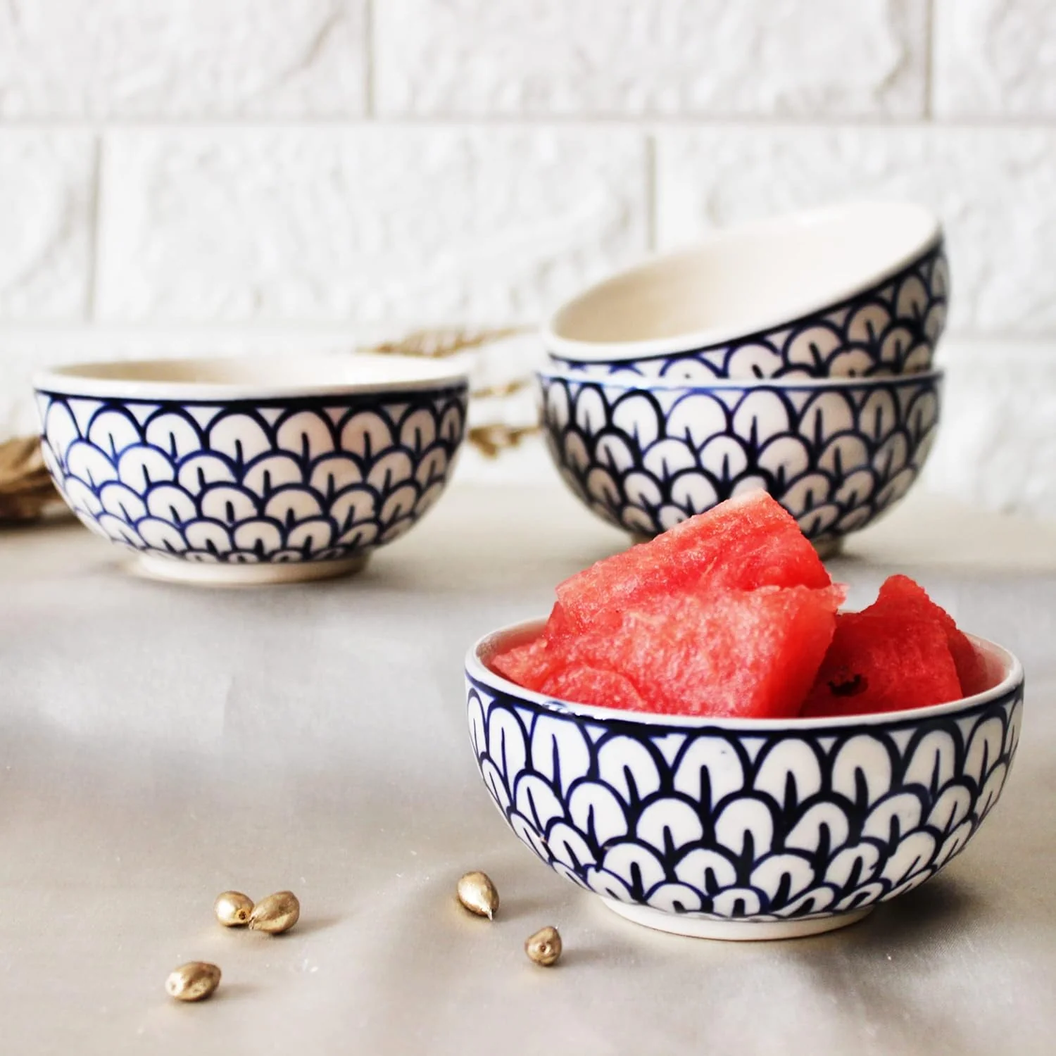 Mermaid Tales Hand Painted Ceramic Dinner Set - 12 Piece, White & Indigo | 6 Dinner Plates + 6 Katori Serving Bowls, 180ml Each | Serving For 6, Microwave Safe & Dishwasher Safe - Image 3