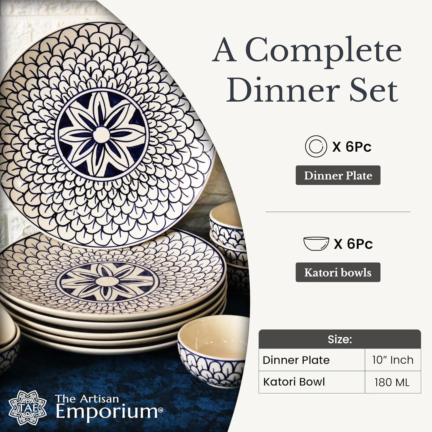 Mermaid Tales Hand Painted Ceramic Dinner Set - 12 Piece, White & Indigo | 6 Dinner Plates + 6 Katori Serving Bowls, 180ml Each | Serving For 6, Microwave Safe & Dishwasher Safe - Image 5