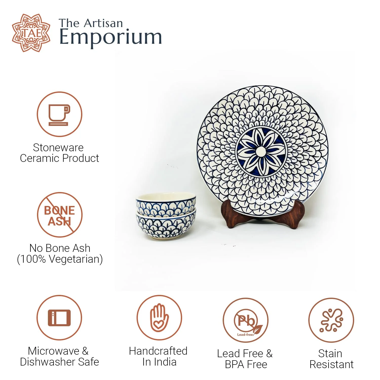 Mermaid Tales Hand Painted Ceramic Dinner Set - 12 Piece, White & Indigo | 6 Dinner Plates + 6 Katori Serving Bowls, 180ml Each | Serving For 6, Microwave Safe & Dishwasher Safe - Image 6