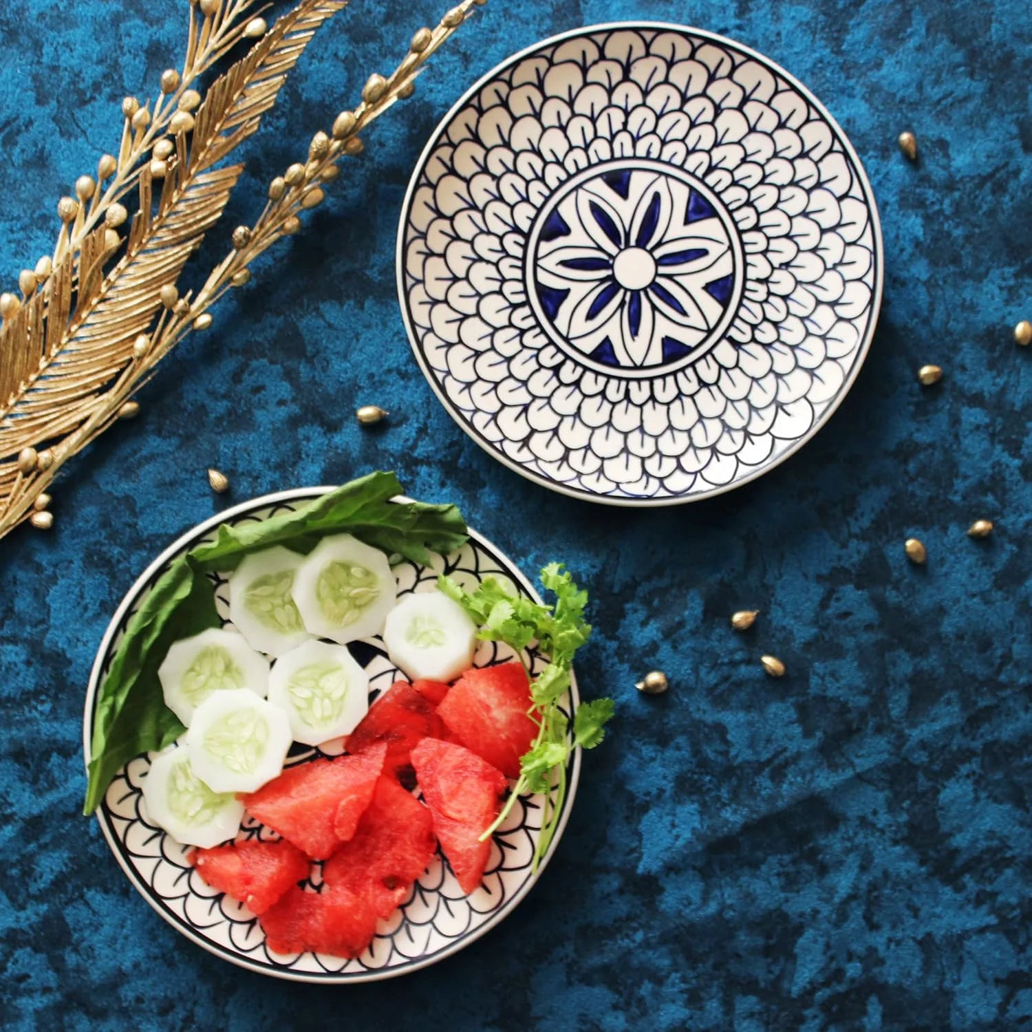 Mermaid Tales Hand Painted Ceramic Quarter Plates Set Of 6 - Blue & White | Small Side Plates For Dinner & Snacks - 7 Inch, 6 Pieces, Microwave Safe - Image 5