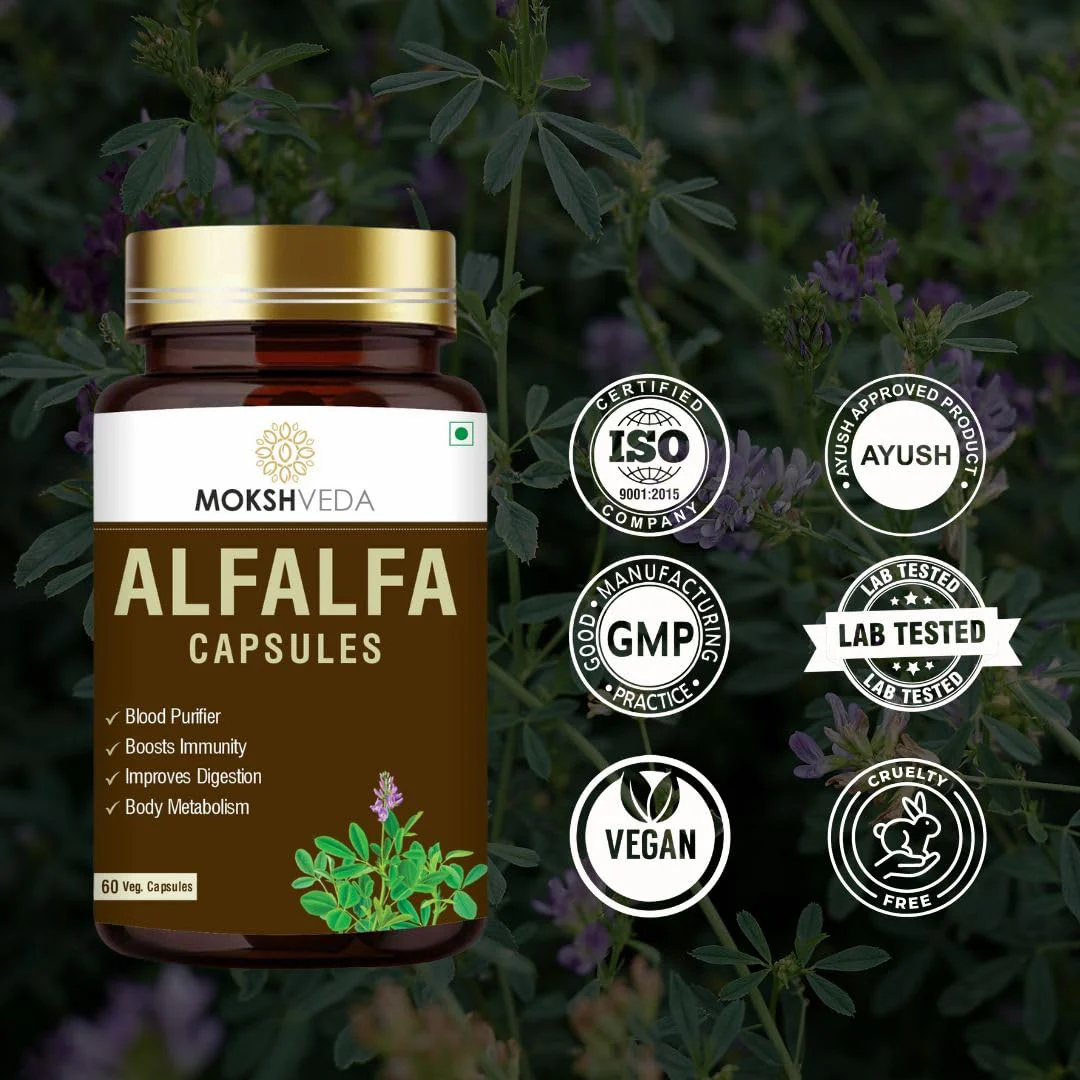 Mokshveda Alfalfa Capsule May Used For Bone & Joint Support Pain Relief, Immunity & Blood Purification | 60 Capsules, 100gm 0.2lbs - Image 4