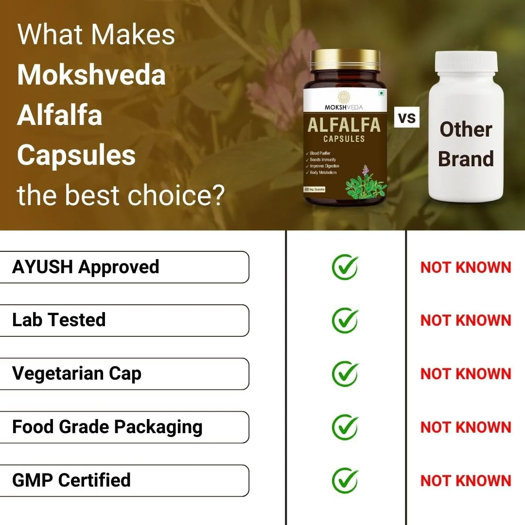 Mokshveda Alfalfa Capsule May Used For Bone & Joint Support Pain Relief, Immunity & Blood Purification | 60 Capsules, 100gm 0.2lbs - Image 5