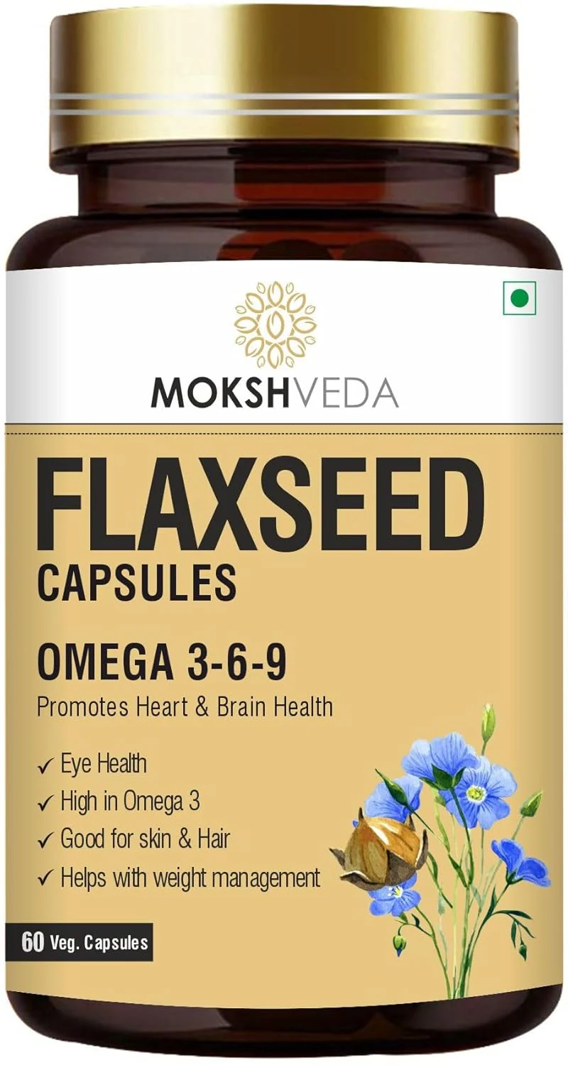 Mokshveda Flaxseed Capsules With Omega 3 For Men & Women, Supports Skin, Joint, Hair & Immunity Support | 60 Veg Capsules 100gm 0.2lbs
