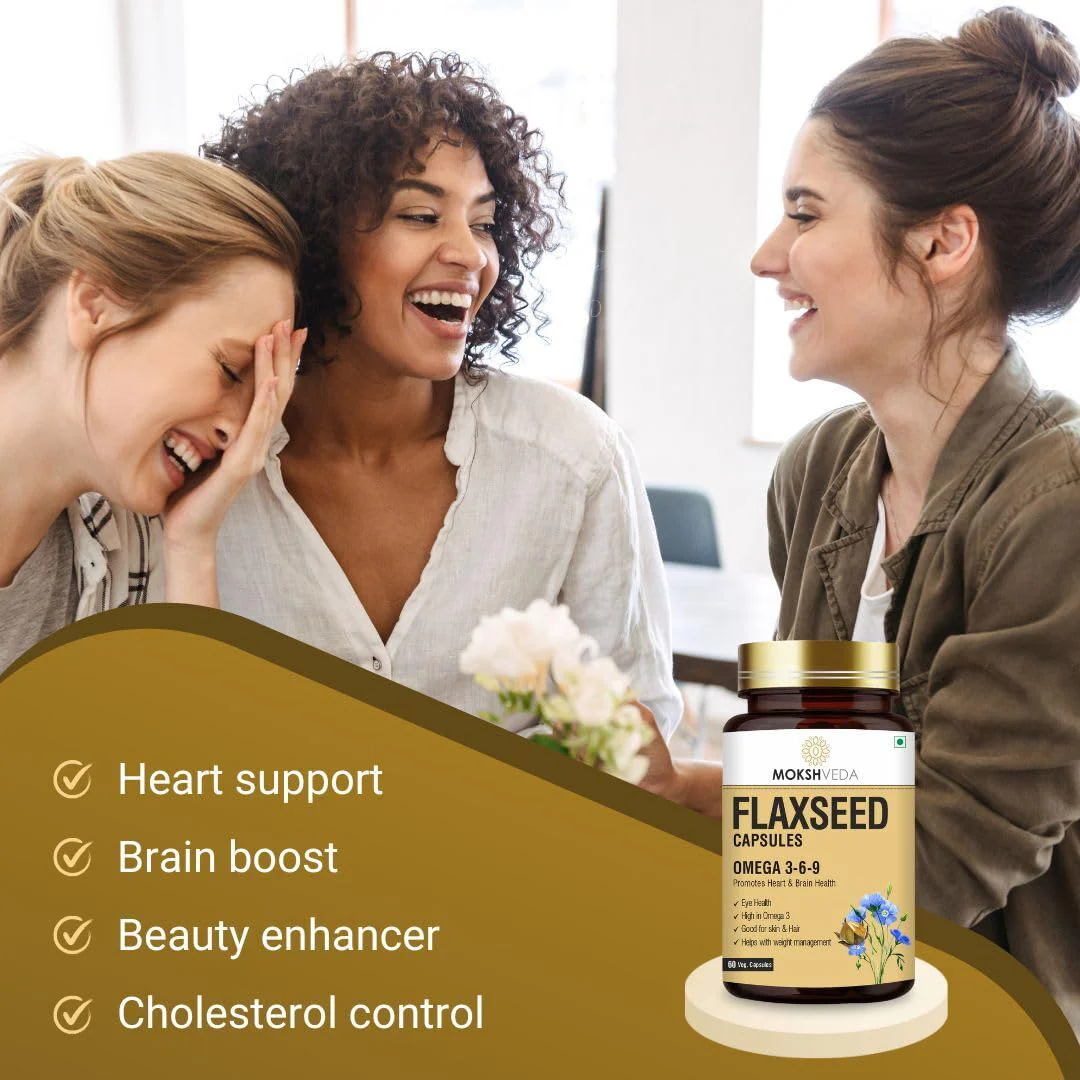 Mokshveda Flaxseed Capsules With Omega 3 For Men & Women, Supports Skin, Joint, Hair & Immunity Support | 60 Veg Capsules 100gm 0.2lbs Each Pack Of 3 - Image 2