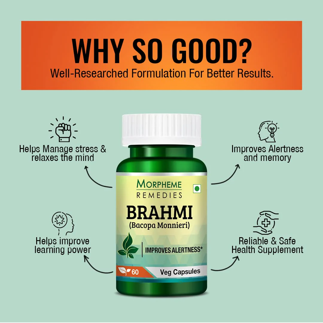 Morpheme Remedies Bacopa Brahmi Extract 500mg, Improves Alertness, Known As A Good Ingredient For Brain | 60 Capsules 100gm 0.2lbs - Image 3