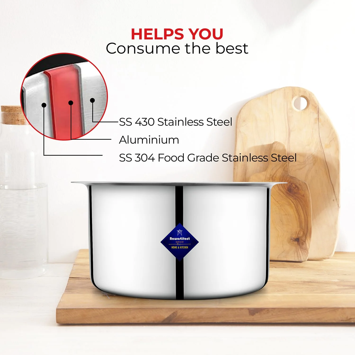 Multi Layered Material Polish Stainless Steel Cookware Handi 2200ml | For Grains, Soups, Canning, Desserts, Broth - Compatible With Gas & Induction - Image 5