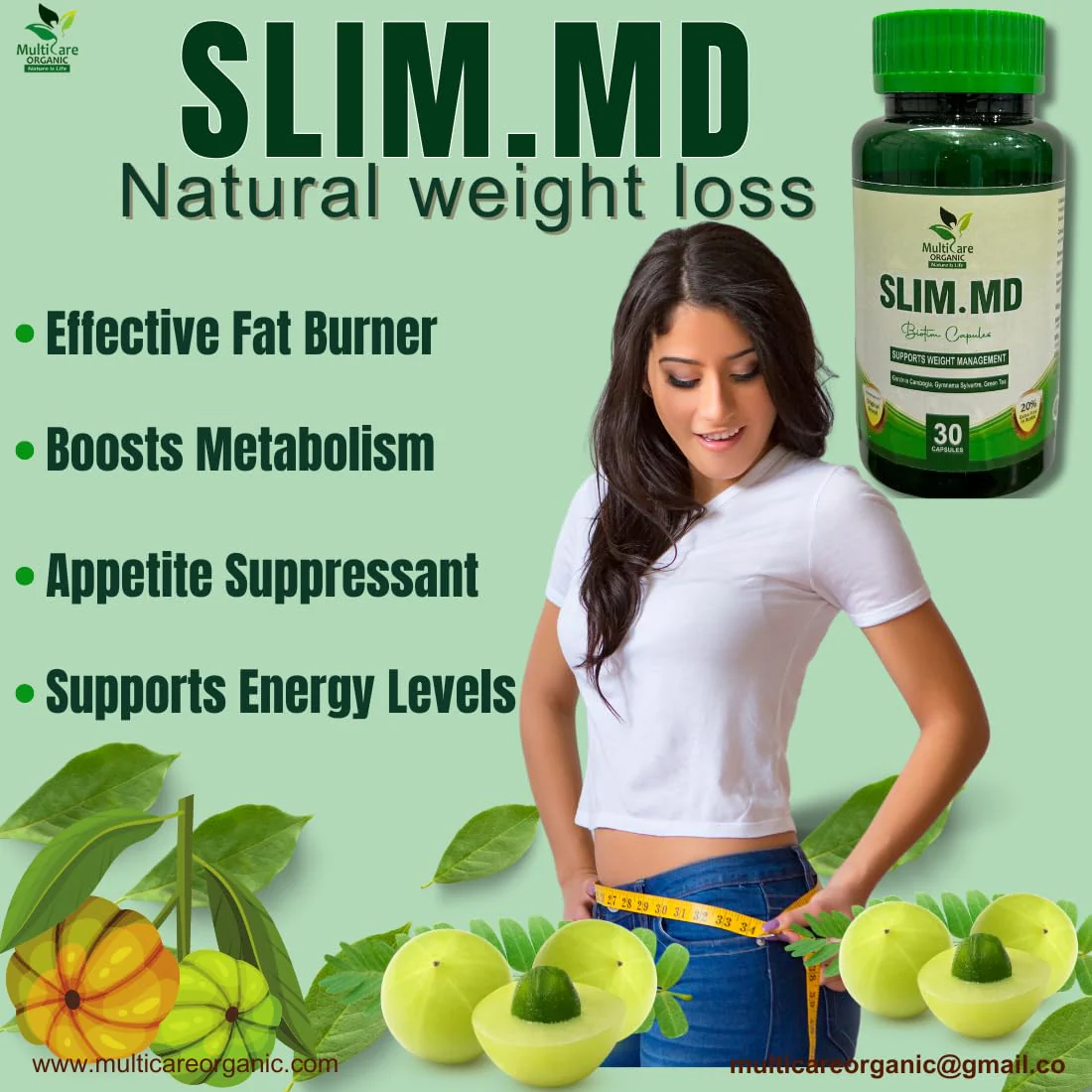 Multicare Organic Slim Md For Weight Loss & Fat Burning Wellness - Green Tea Garcinia Combogia, Green Coffee | 30 Capsules 50gm 0.1lbs - Image 2